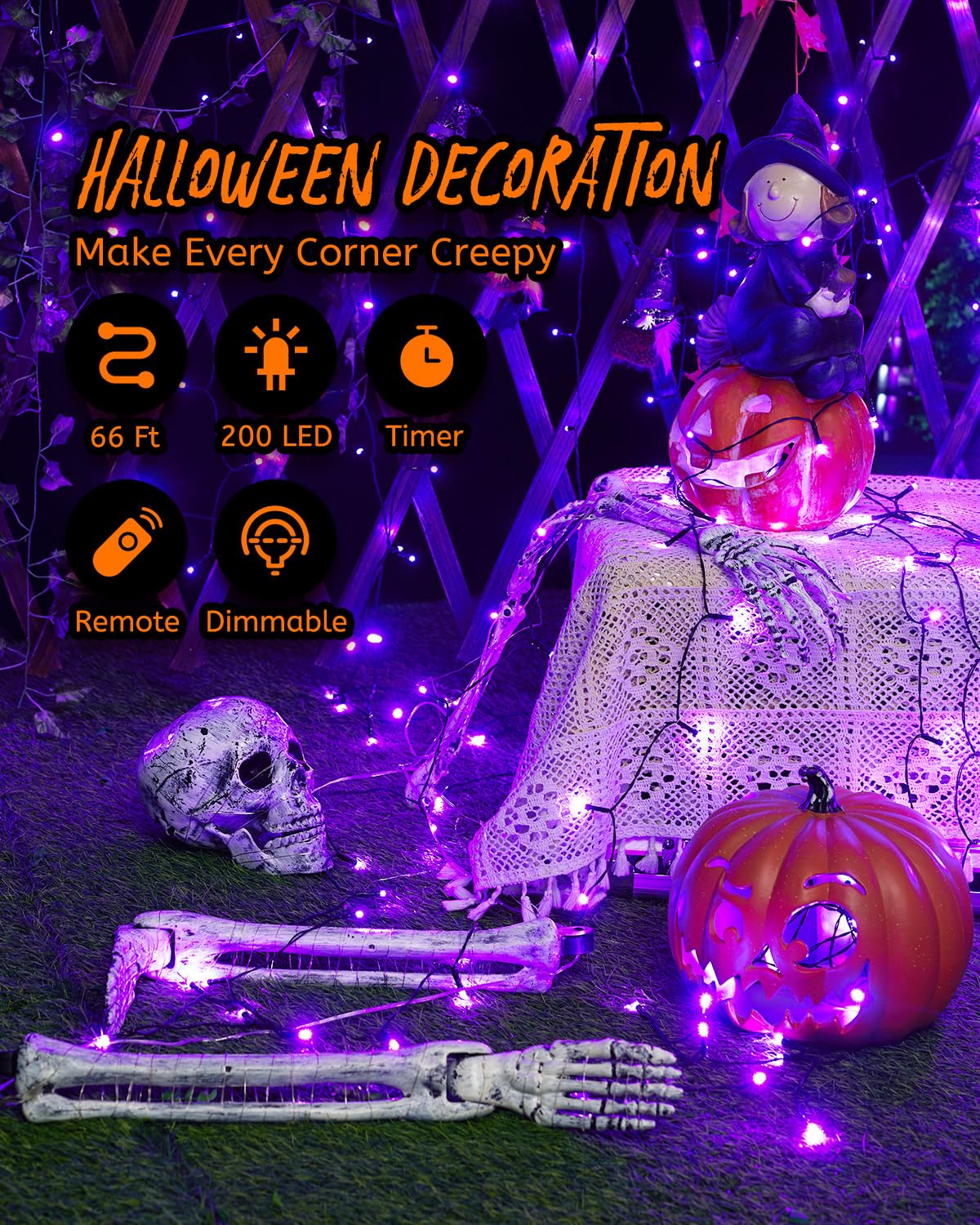 Minetom 196Ft Purple Halloween Lights, 600 Led Halloween Fairy String Lights With 8 Modes Remote, Waterproof Plug In Purple Hanging Twinkle Lights For Party Garden Bedroom Halloween Decorations