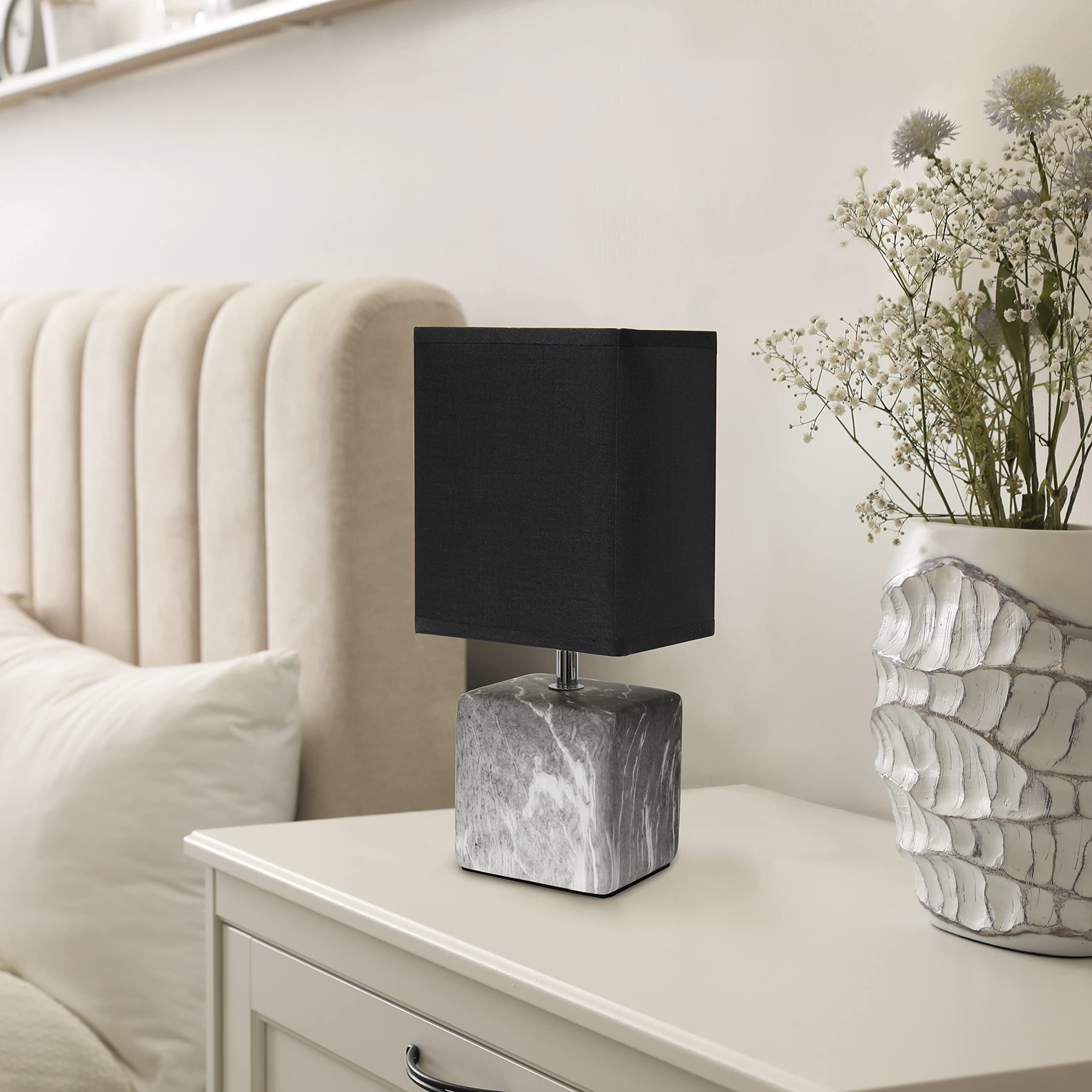 Simple Designs Lt2071-Bob Mini Petite Gray White Marbled Ceramic Bedside Table Lamp With Black Shade
