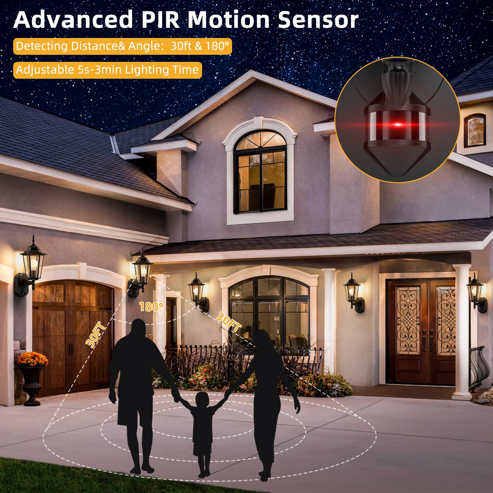 Lamomo Motion Sensor Outdoor Lights, 2 Pack, Waterproof Aluminum, Dusk to Dawn, Black, Wall Mounted for Patio, Front Door, Garage