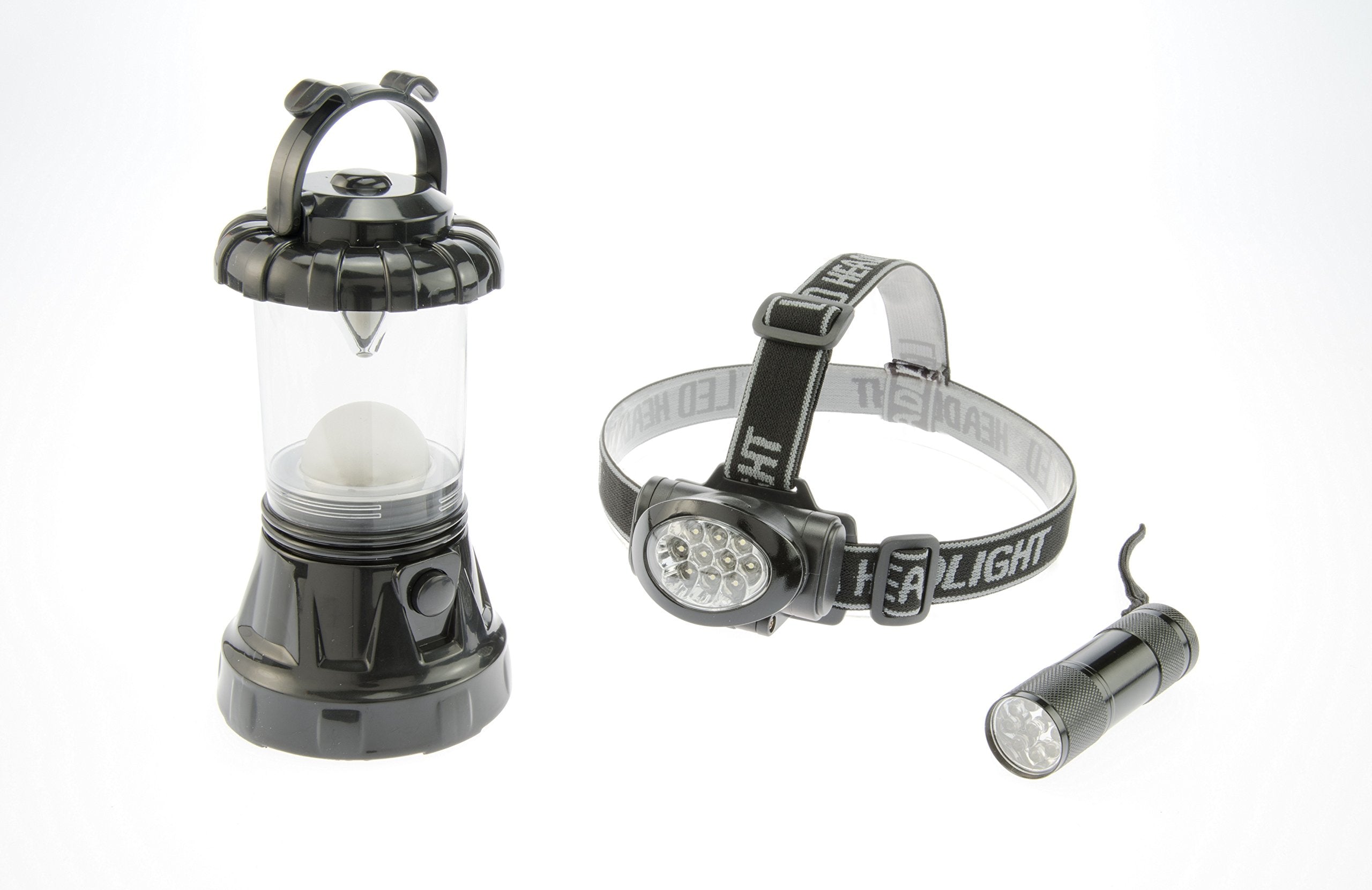 SE 3-Piece Black Camping Light Set: 11-LED Lantern, 10-LED Headlamp and 9-LED Flashlight - FL806-3BK