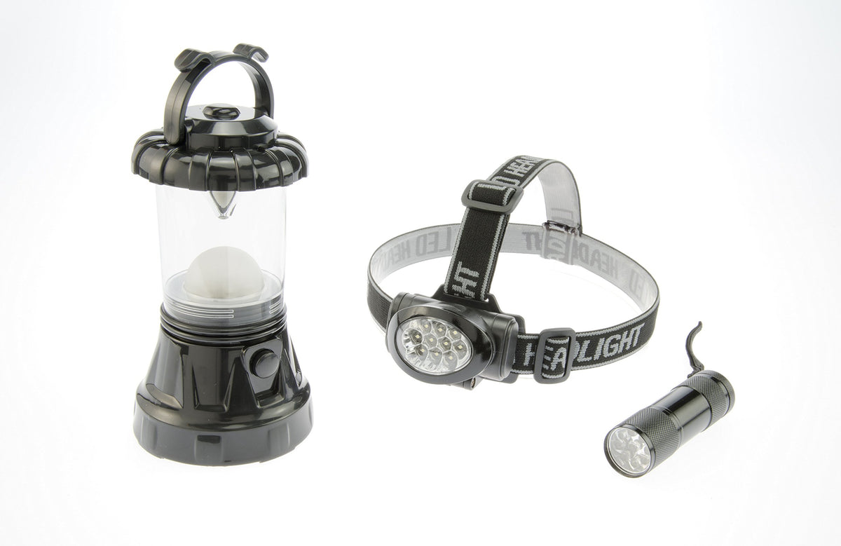 SE 3-Piece Black Camping Light Set: 11-LED Lantern, 10-LED Headlamp and 9-LED Flashlight - FL806-3BK