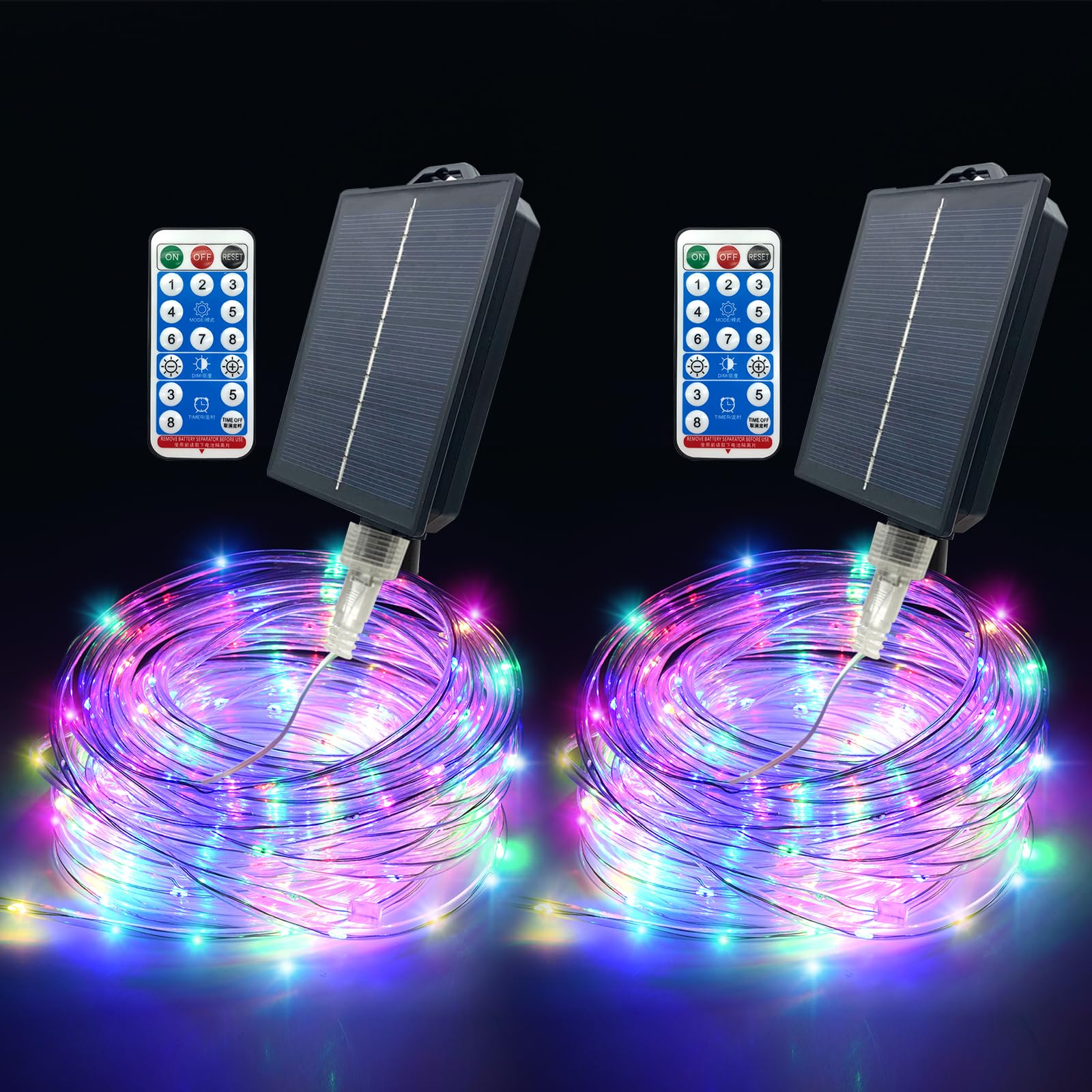 Glpe Solar String Lights Outdoor, 2 Pack    66Ft 200Led Rope Lights Waterproof, Color Changing Led Fairy Lights Solar Powered,Tu