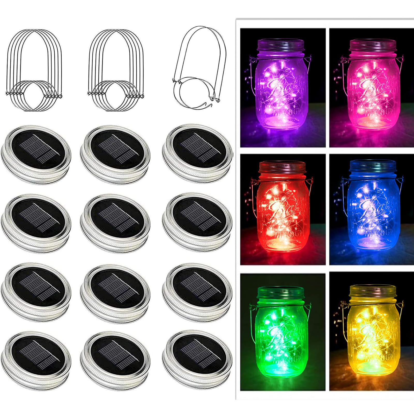 YJFWAL Solar Mason Jar Lights, 12 Pack 30 LED Fairy String Lights, 12 Hangers, Multicolor Decor for Patio, Garden, Wedding, Party