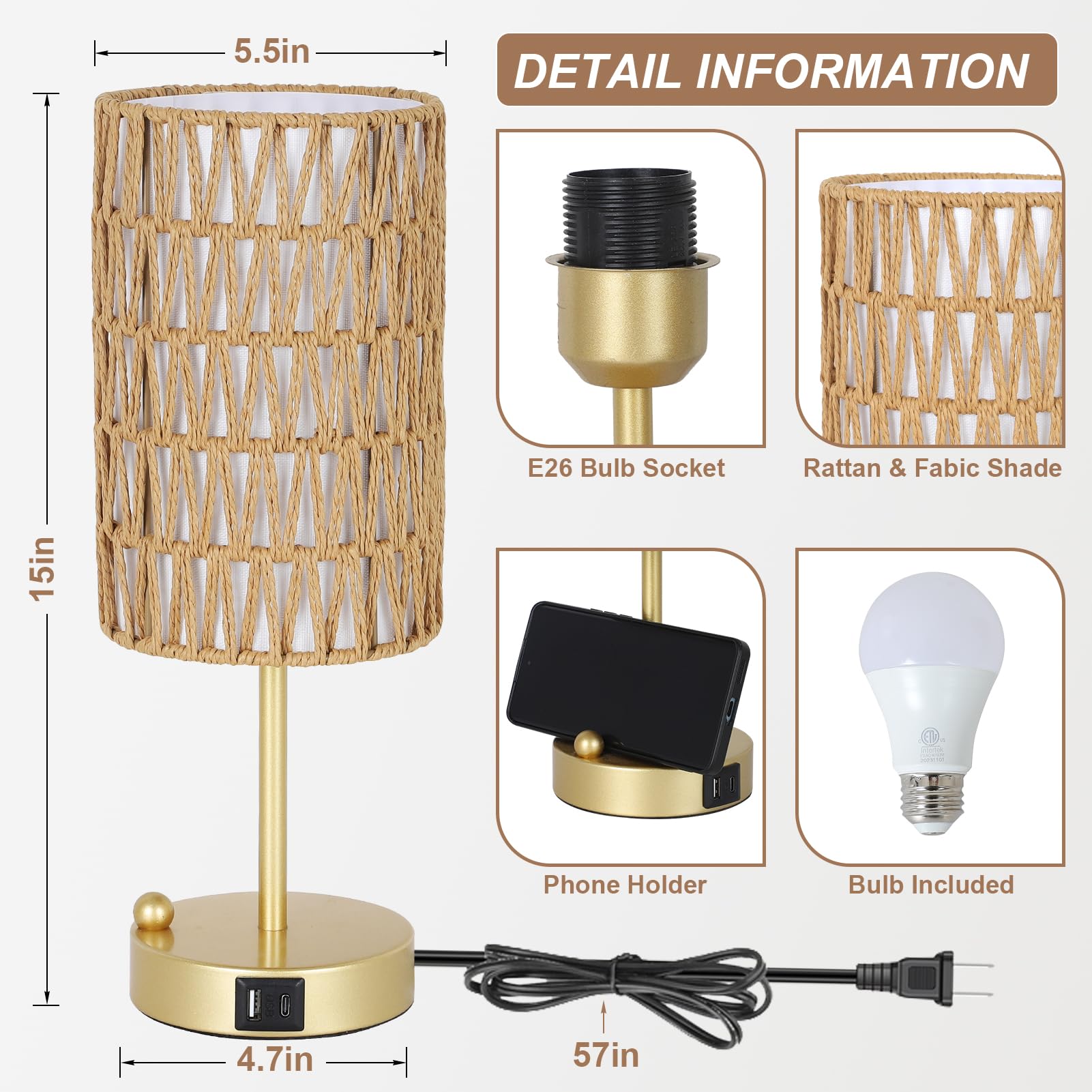 Eayaya Gold Bedside Lamps Set of 2, Touch Control, 3-Way Dimmable, Boho Rattan & Linen Shade, USB Charging Port, Phone Stand