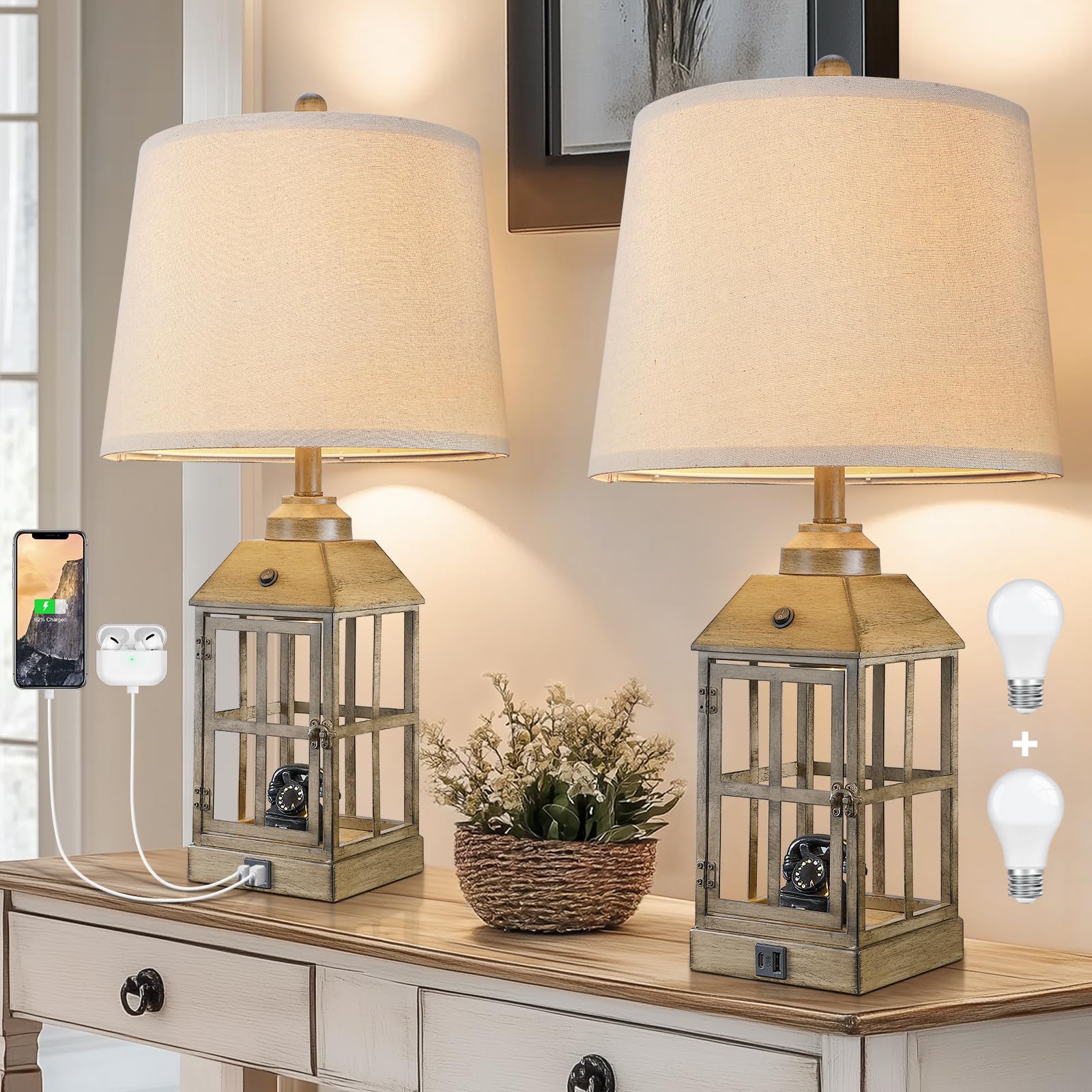 25'' Farmhouse Table Lamps for Living Room, Table Lamps Set of 2 with USB Port and Nightlight, Rustic Table Lamp for Bedroom, Be