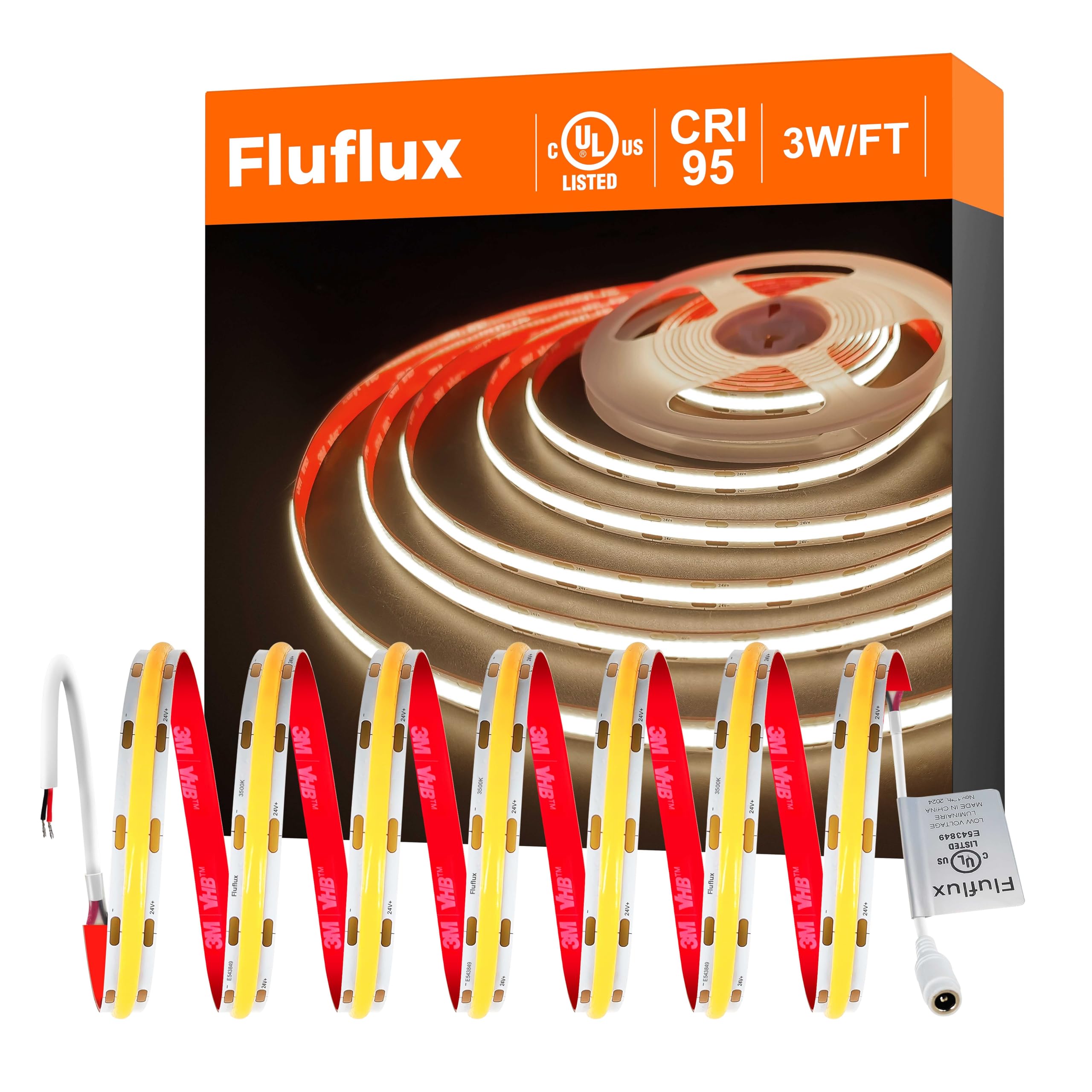 FluFlux COB LED Strip Light Neutral White 3500K, Premium Tape Light with Strong 3M VHB Tape, CRI 95, UL Listed, Cuttable, Dimmab