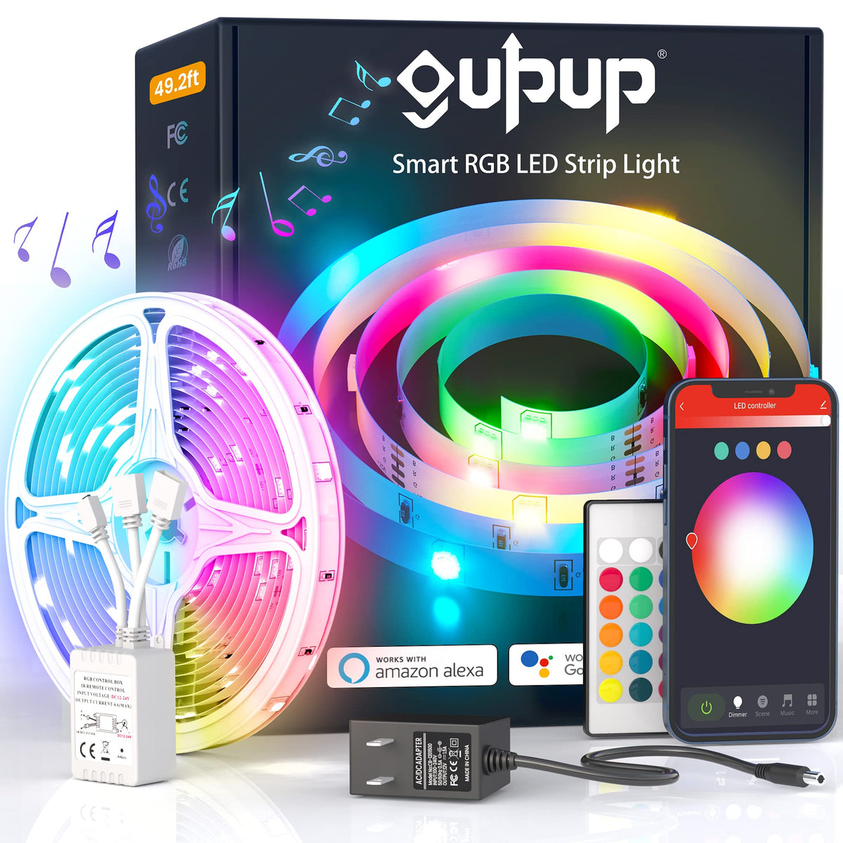 Gupup Wifi Led Lights 50Ft,Tuya Smart App Controlled Led Strip Lights,Work With Alexa And Google Assistant Devices,Sound Activat