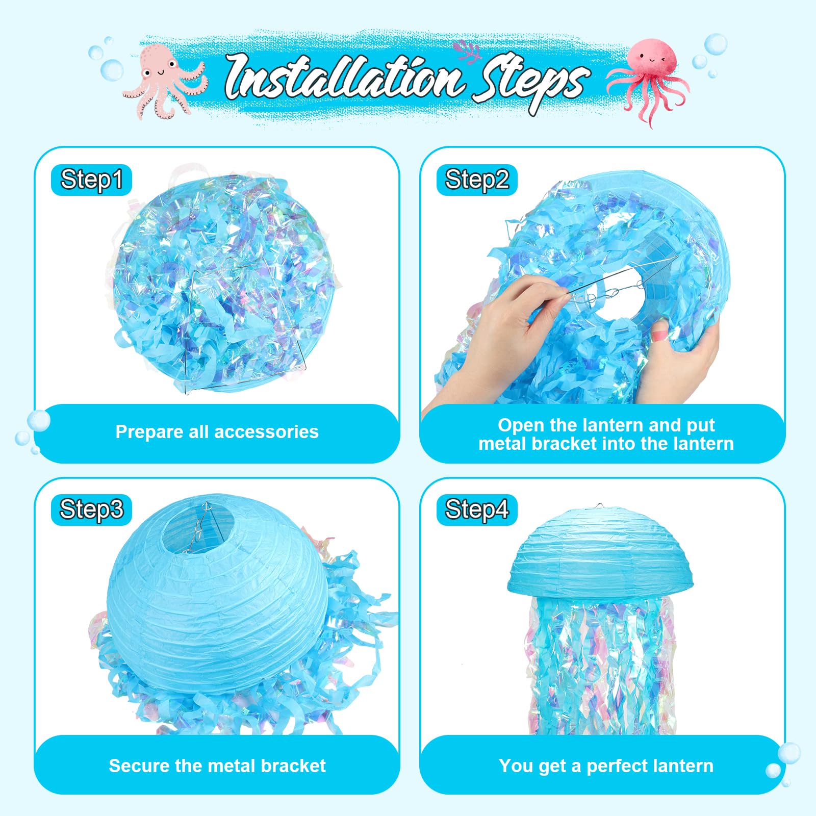 Pink Blue Purple Jellyfish Paper Lanterns, Under The Sea Party Decorations With Hooks+Rope, Hanging Jellyfish Paper Lanterns For