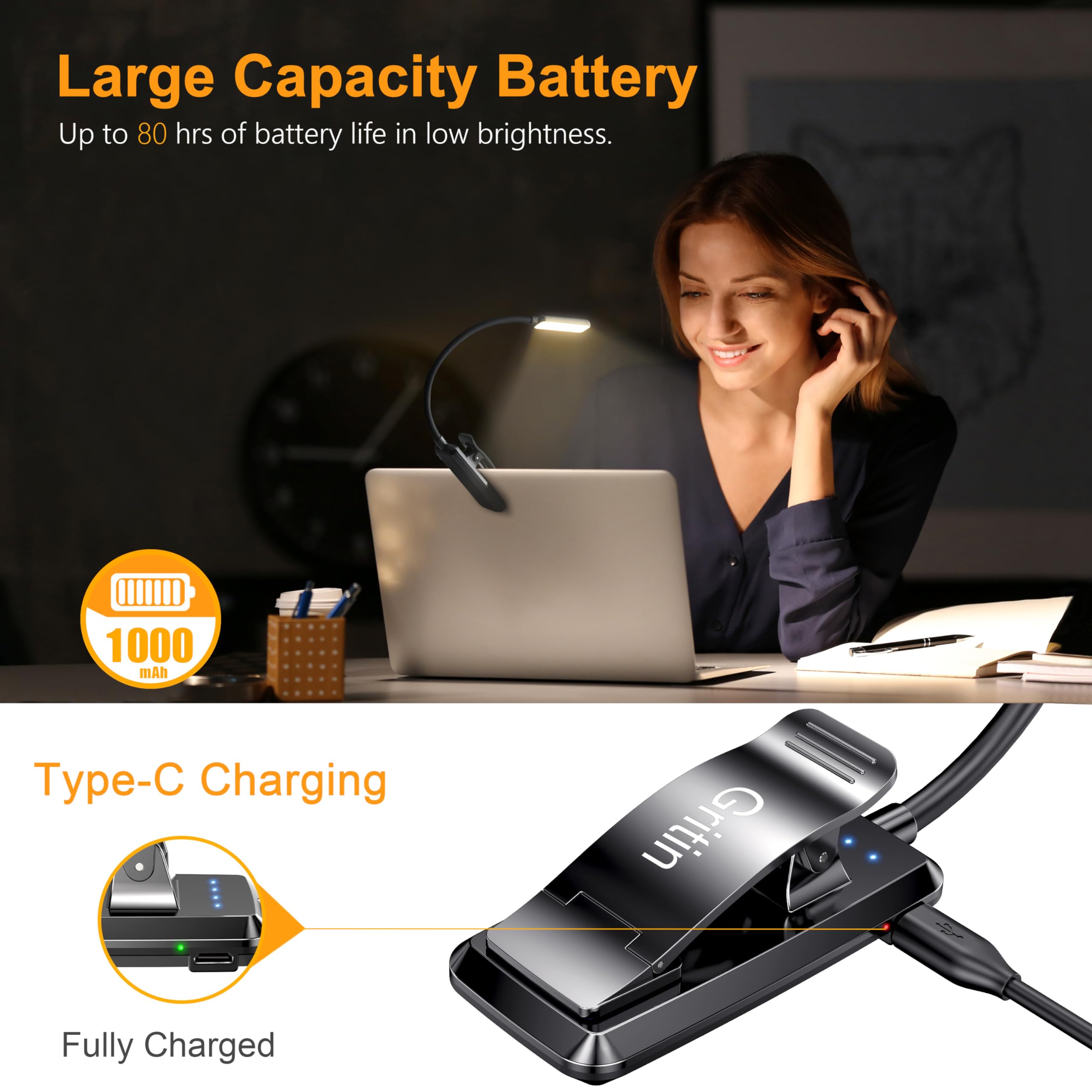 Gritin 9 Led Rechargeable Book Light - Eye Care, 3 Color Temps, 80 Hrs Runtime, Clip-On
