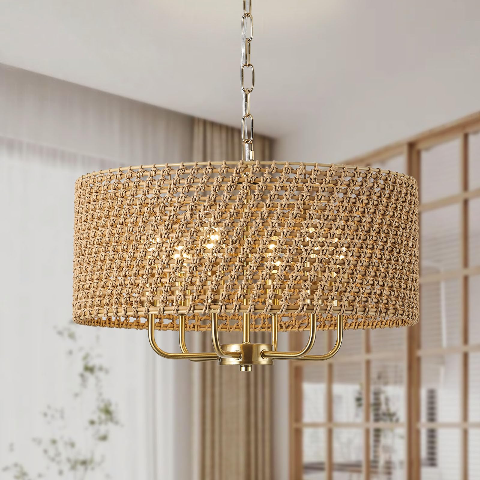 Giutna 20" Large Boho Rattan Chandelier, 6-Light Hand-Woven Pendant Light Fixture, Vintage Gold for Dining Room & Kitchen Island