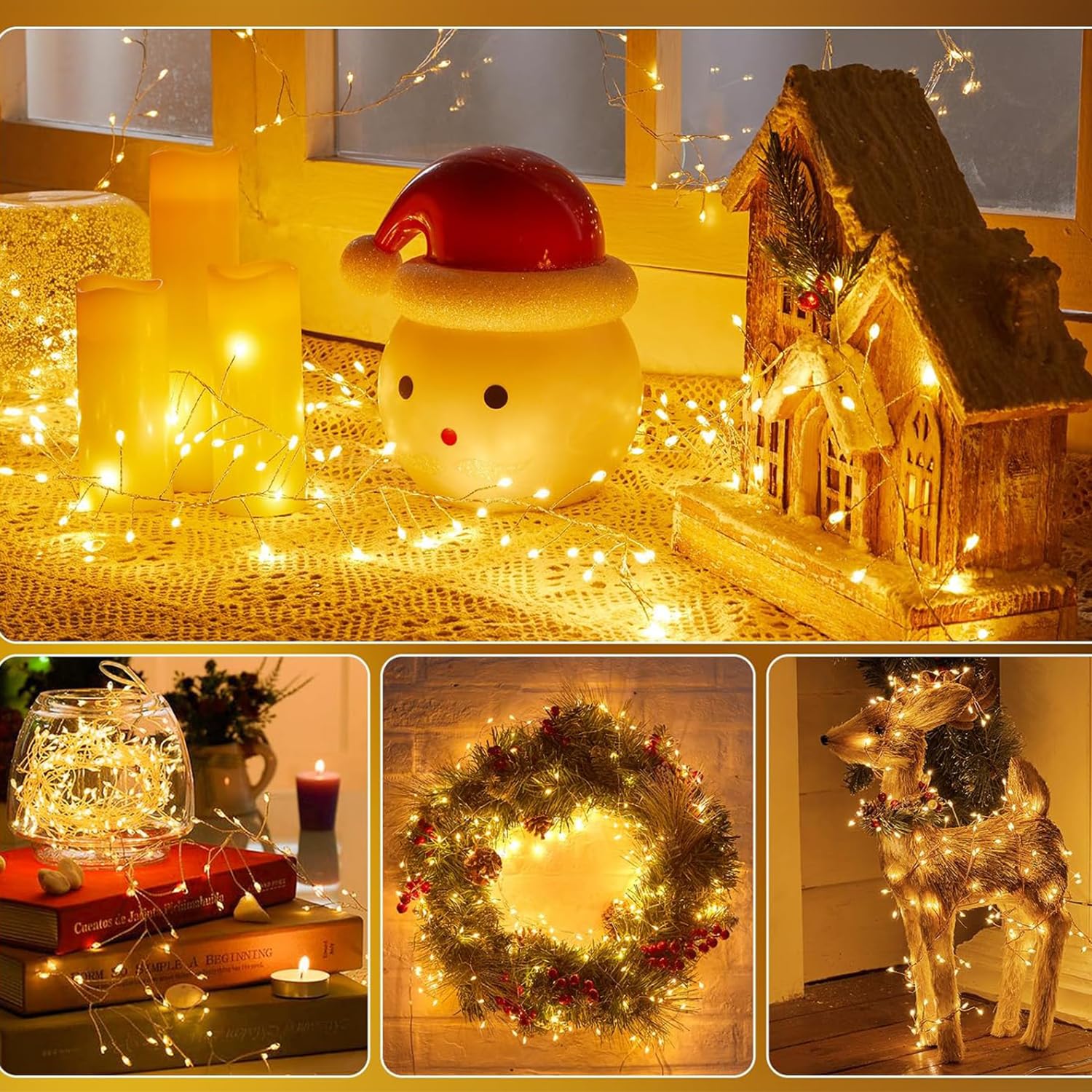 HANNAHONG 100 LED Fairy String Lights, Warm White, USB Plug, Waterproof, 2 Pack, Silver Wire, Model FIRE ER