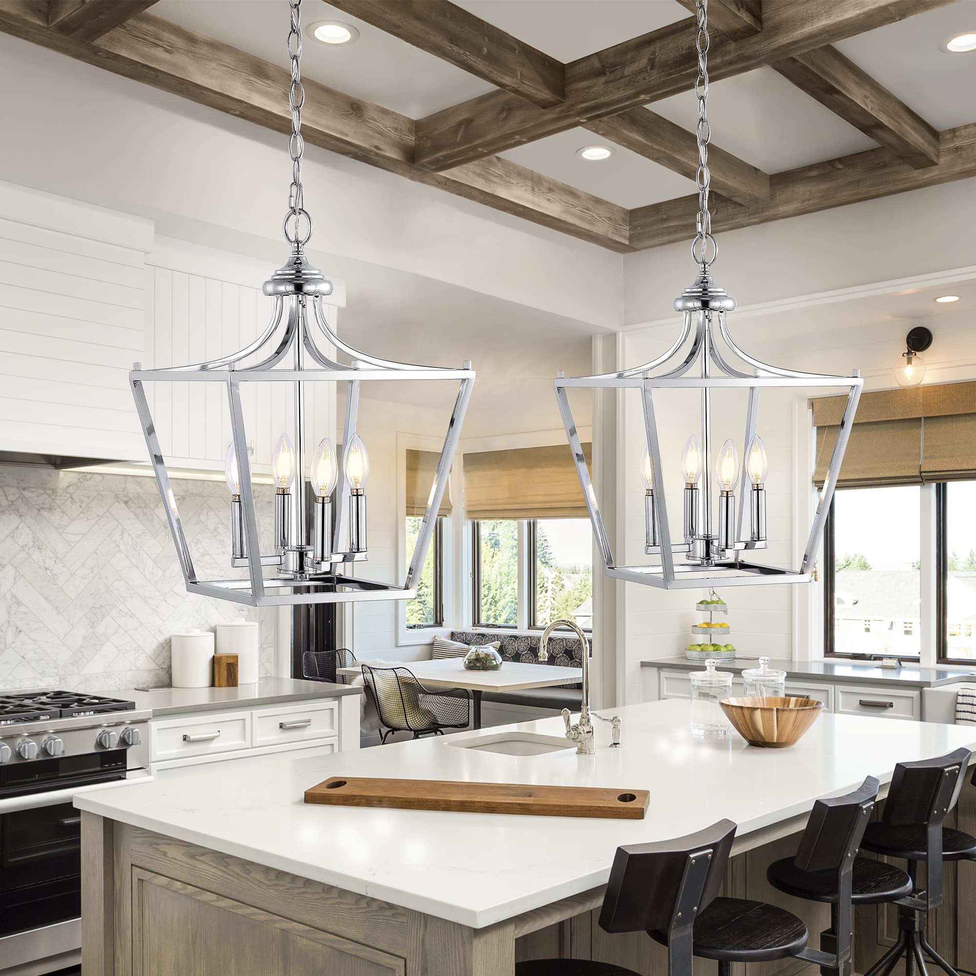 JONATHAN Y 4-Light Iron Pendant Lantern, 13in Chrome, Model JYL7561B, Classic Midcentury Style for Dining Room, Living Room, Kitchen