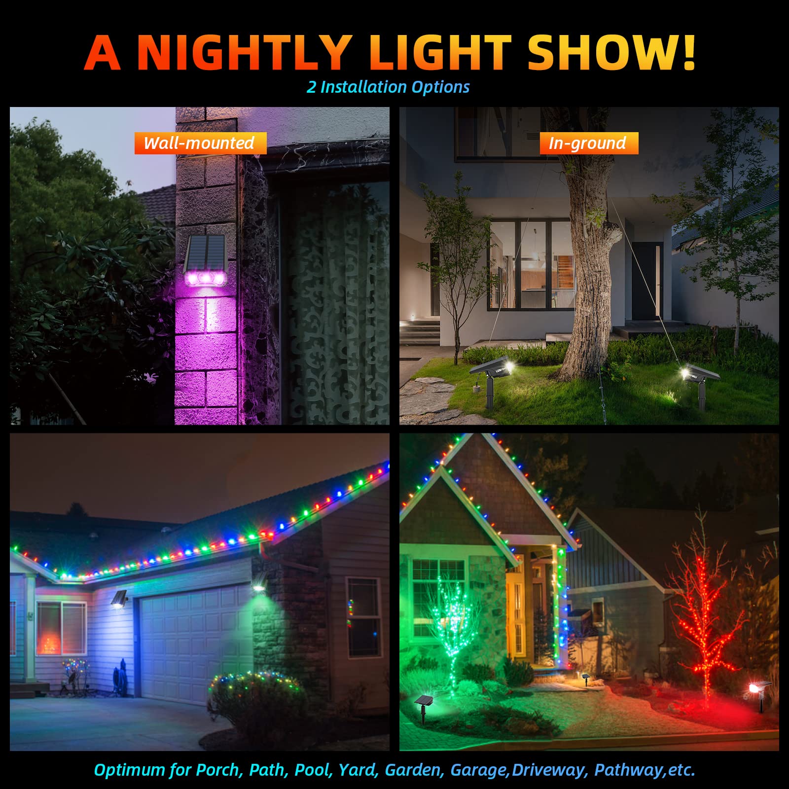 Lerekam 4 Pack Color Changing Solar Spotlights - Waterproof Rgbw Outdoor Lights With 9 Modes