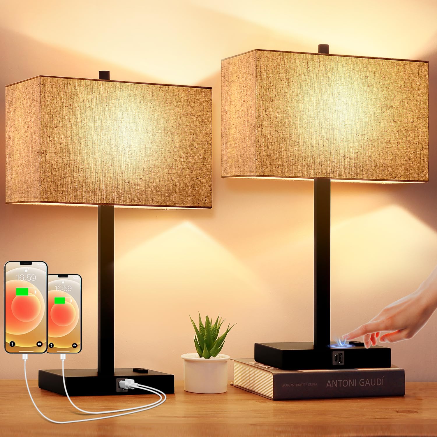Lynnoland Set Of 2 Touch Control Table Lamps With Usb Ports, 3-Way Dimmable, Beige Linen
