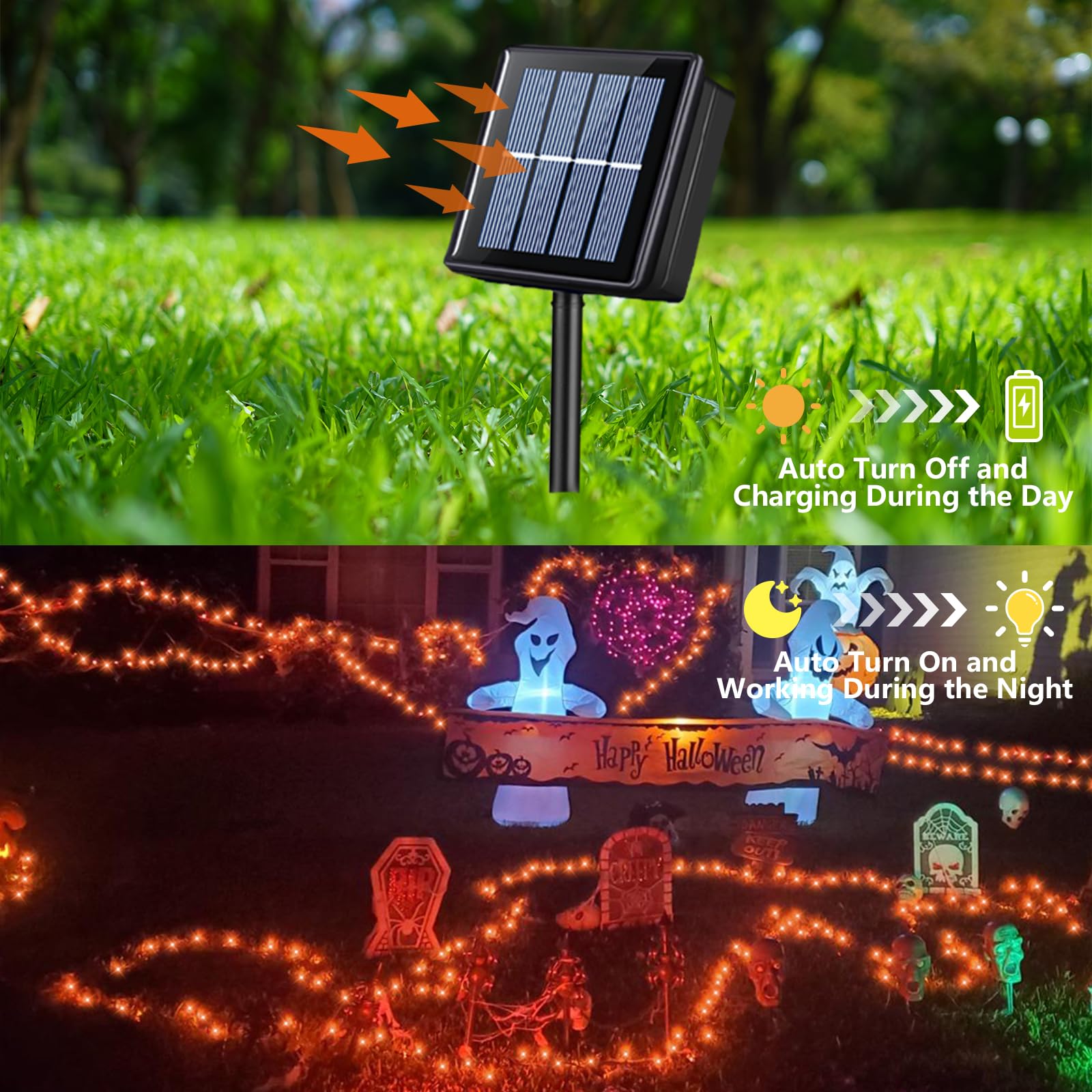 Qitong Orange Solar Halloween Lights Outdoor Waterproof, 2 Pack Each 66Ft 200 Led String Lights, Silver Wire Orange Lights For H