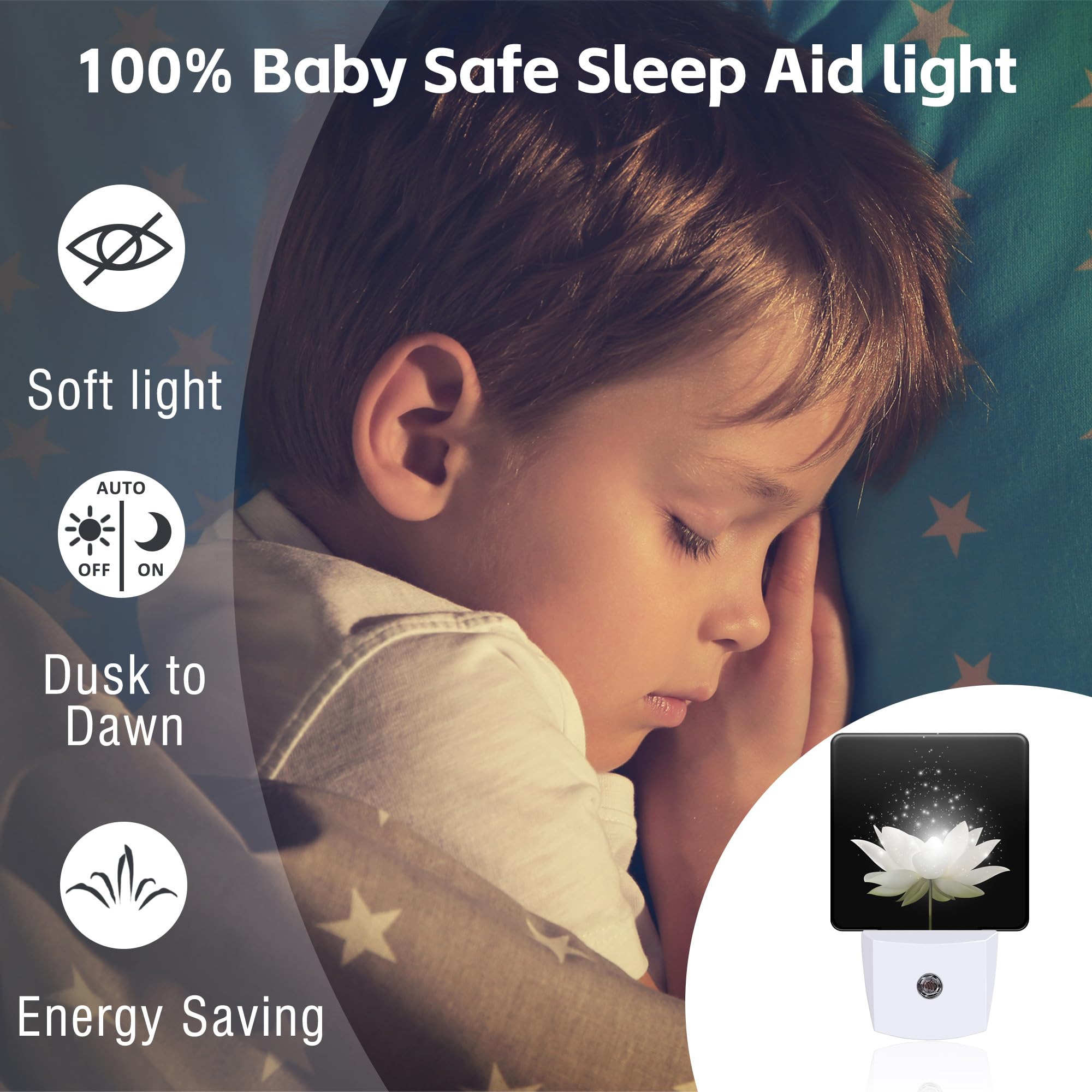 Magic White Lotus Flower Night Light For Kids, Glowing Lotus Floral Night Light Plug In With Dusk To Dawn Sensor, 0.5W Energy Sa