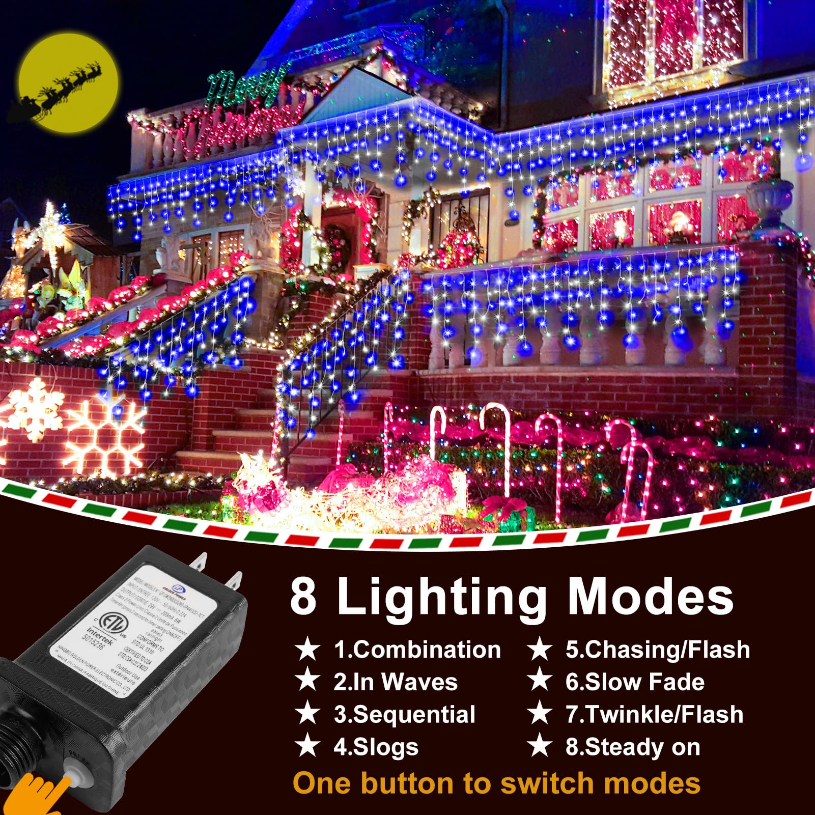 KNONEW LED Curtain Fairy String Lights, 400 LED, 33ft, 8 Modes, Blue and White, Clear Wire, Indoor/Outdoor Decor