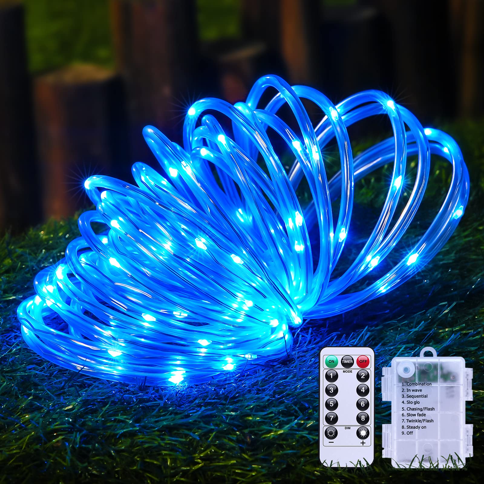 JMEXSUSS Blue Rope Lights, 33 ft, 100 LED, Battery Operated, Waterproof, 8 Modes, Model Rope100B