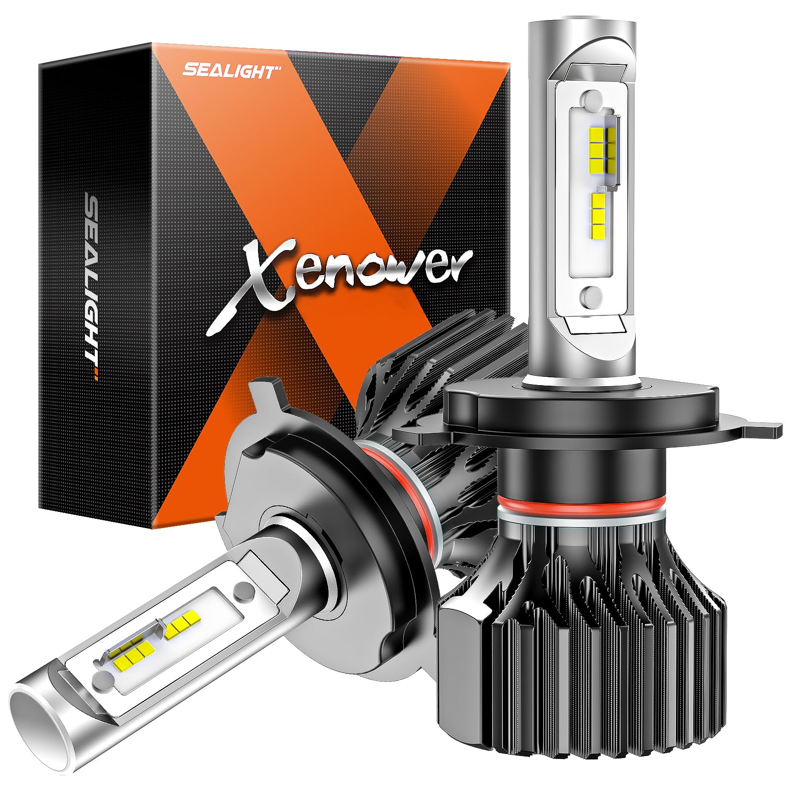 SEALIGHT H4 Bulbs, 30,000LM Super Bright 9003 Light Bulbs, Plug and Play, Aluminum, X1 H4, White, Pack of 2