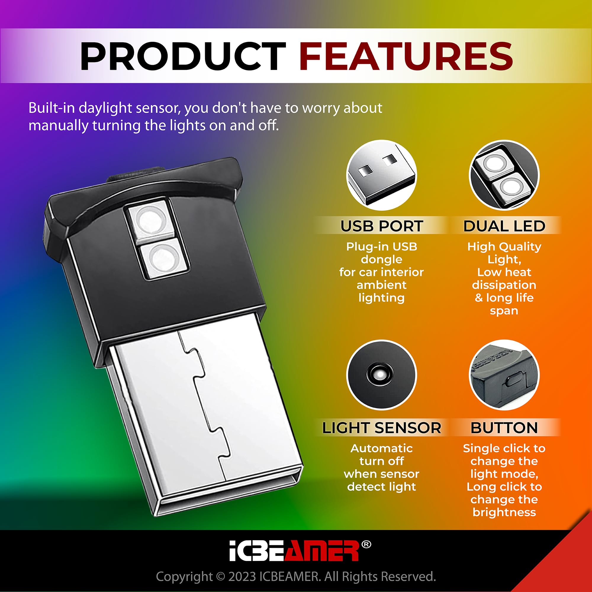 Icbeamer Smart Usb Adjustable Brightness Color: Purple, Auto Led Interface Plug-In Miniature Night Light Led For: Automotive Car Van Pickup Truck Interior Trunk Ambient Atmosphere Light