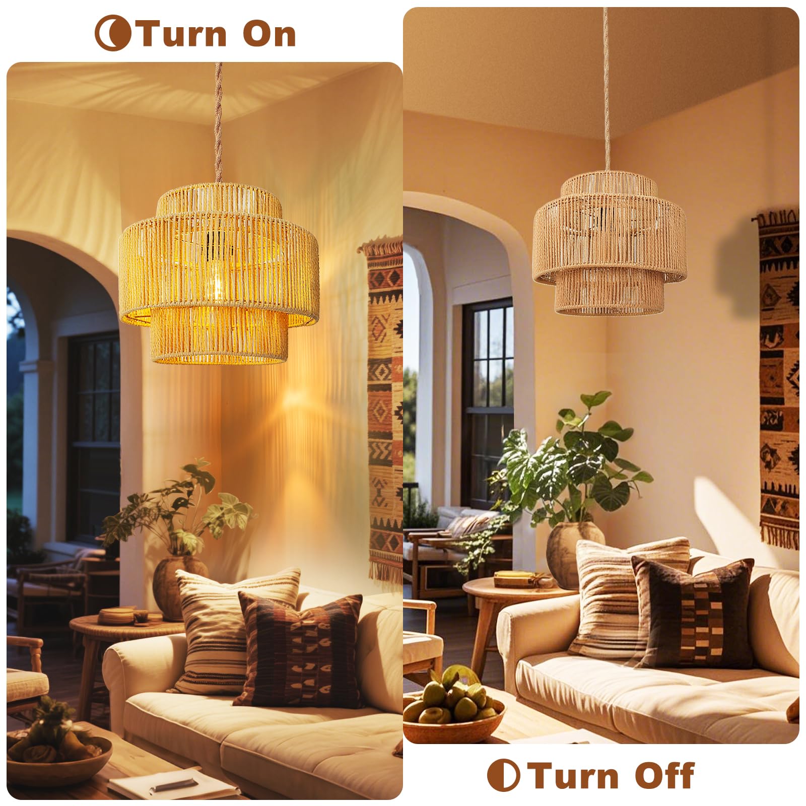 Maliralt Rattan Pendant Light - 12" Lantern Shade, Jute Rope, 16.4ft Plug-In Cord with On/Off Switch for Bedroom & Living Room