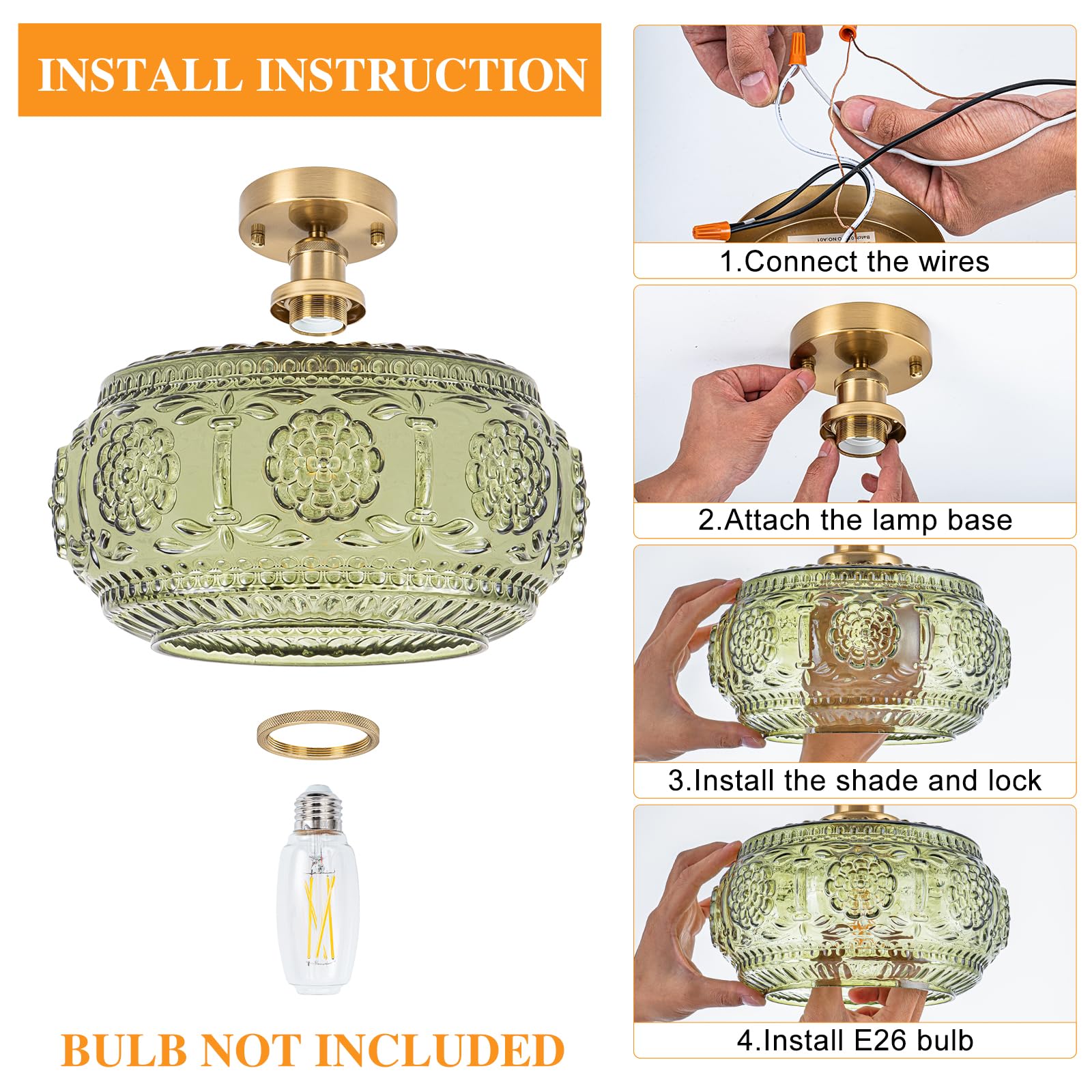 Tbaoinla Semi Flush Mount Ceiling Light Fixture - Brass & Gold Floral Design  Green Glass Shade  Vintage Modern Lighting For Kitchen  Bathroom  Entryway (Bulb Not Included)
