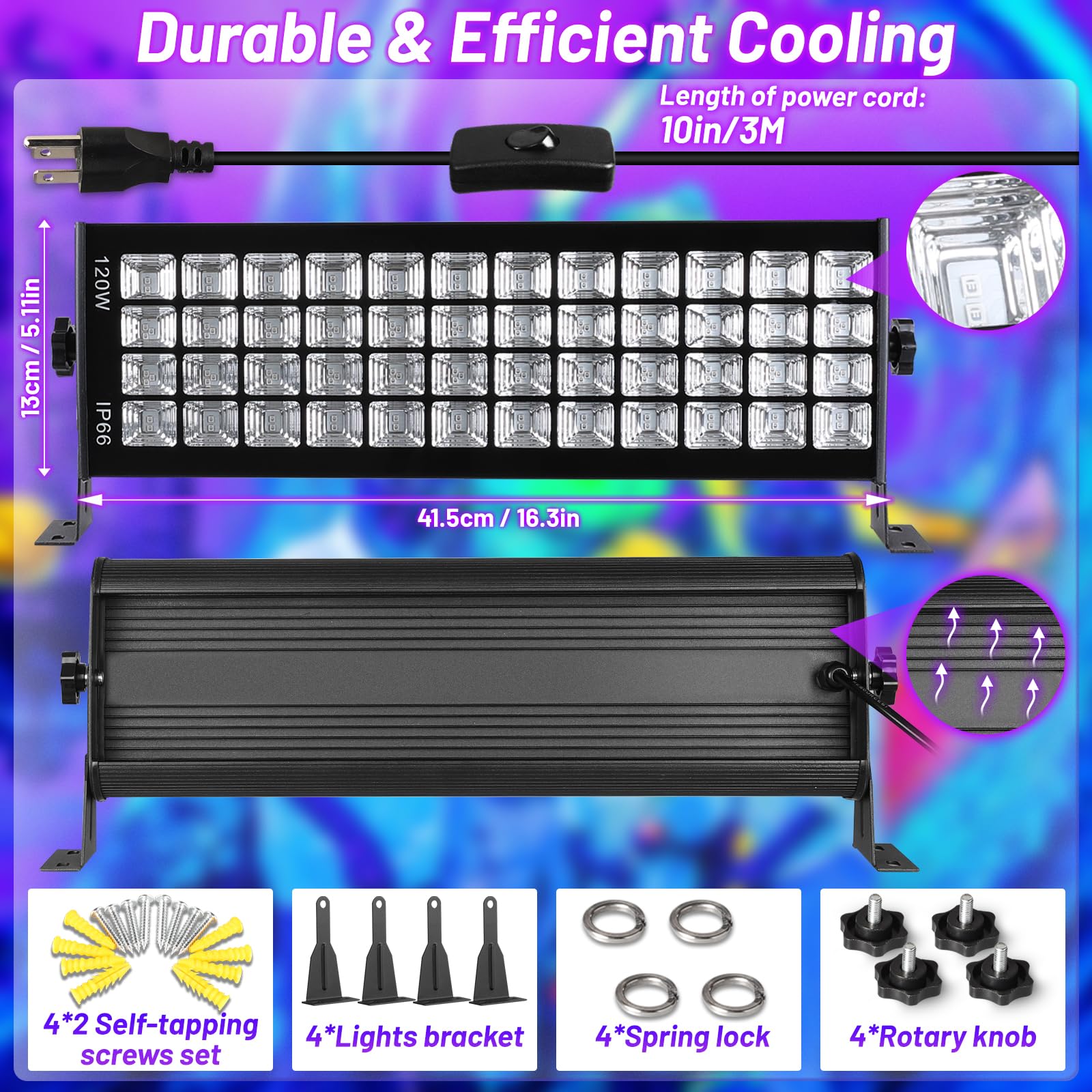 Yqnlifa 120W Waterproof Led Black Lights, 2 Pack 10Ft Cable Black Light Bar With Plug & Switch, Ip66 Indoor/Outdoor Blacklight F