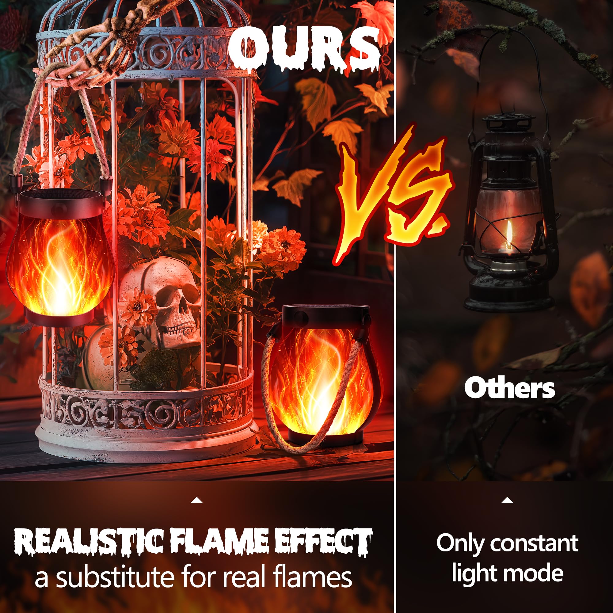 Ibaycon 2 Pack Solar Lanterns Lights  Halloween Flickering Flame Garden Lights With 2 Modes Dual Charging Usb & Solar  Outdoor Waterproof Hanging Lantern For Party Holiday Halloween Decor (Red)