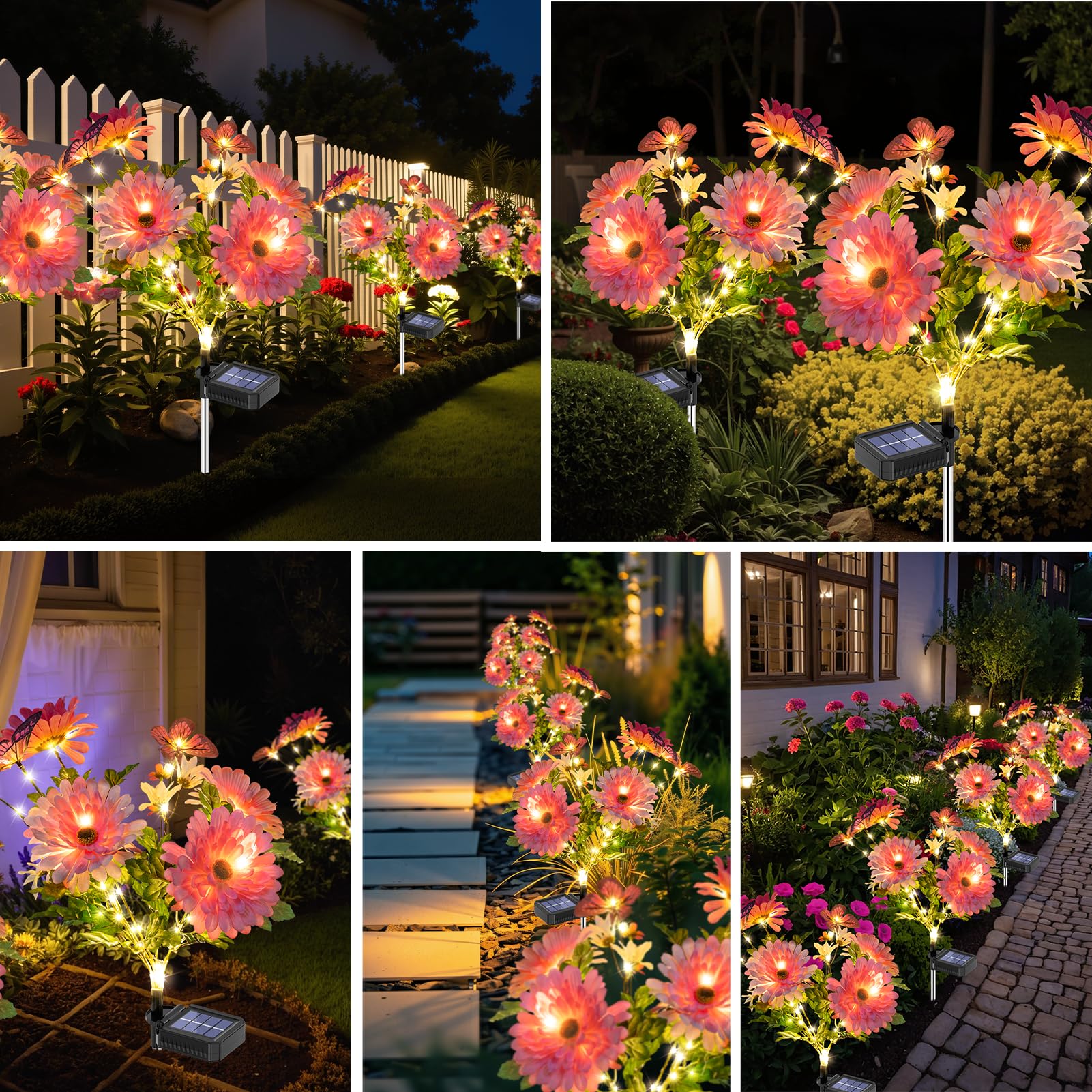 Topvelo Solar Garden Light 4 Packs  120 Leds Outdoor Solar Lighting With Daisy And Butterfly  Waterproof Outdoor Garden Light For Patio  Courtyard  Pathway Decoration (Pink)