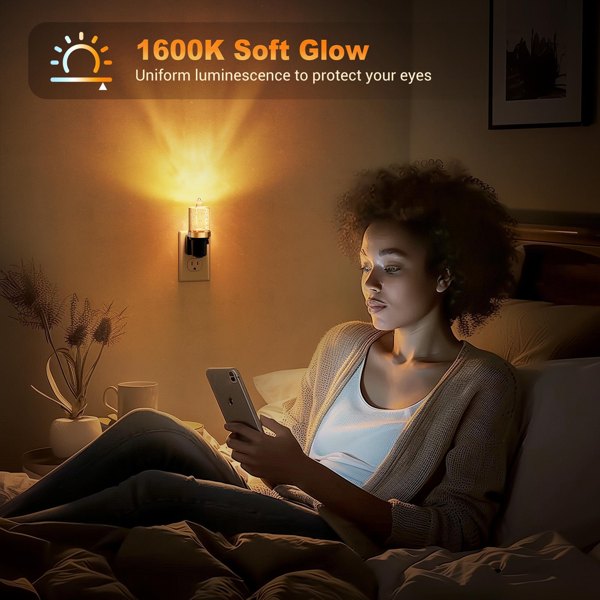 JandCase LED Night Light, Auto On/Off Sensor, Dimmable 0-100LM, 1 Pack, Amber Color