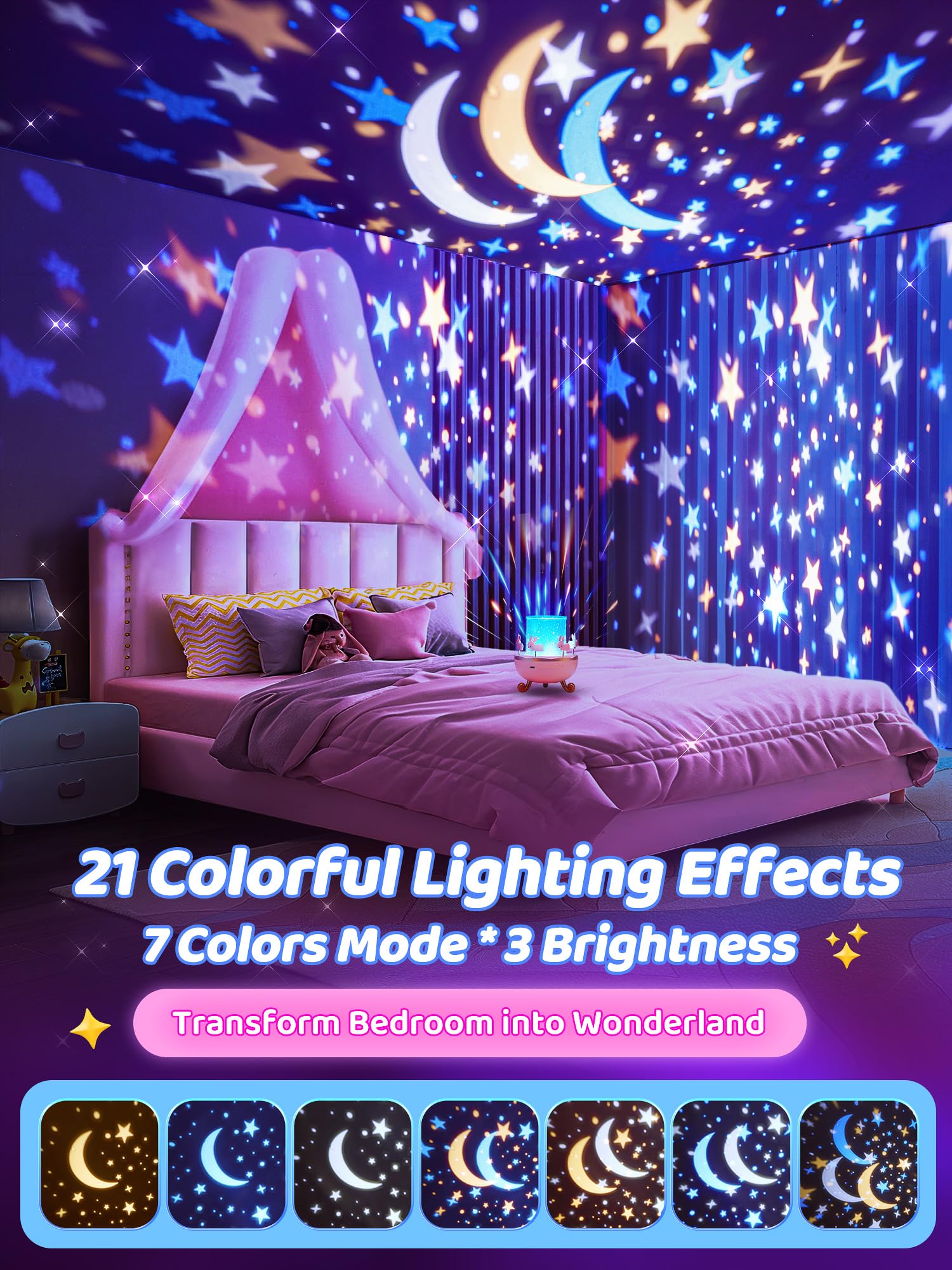 Staryou Night Light Projector for Kids, 21 Colors, 15 Films, Remote, Pink, Model WH-E11