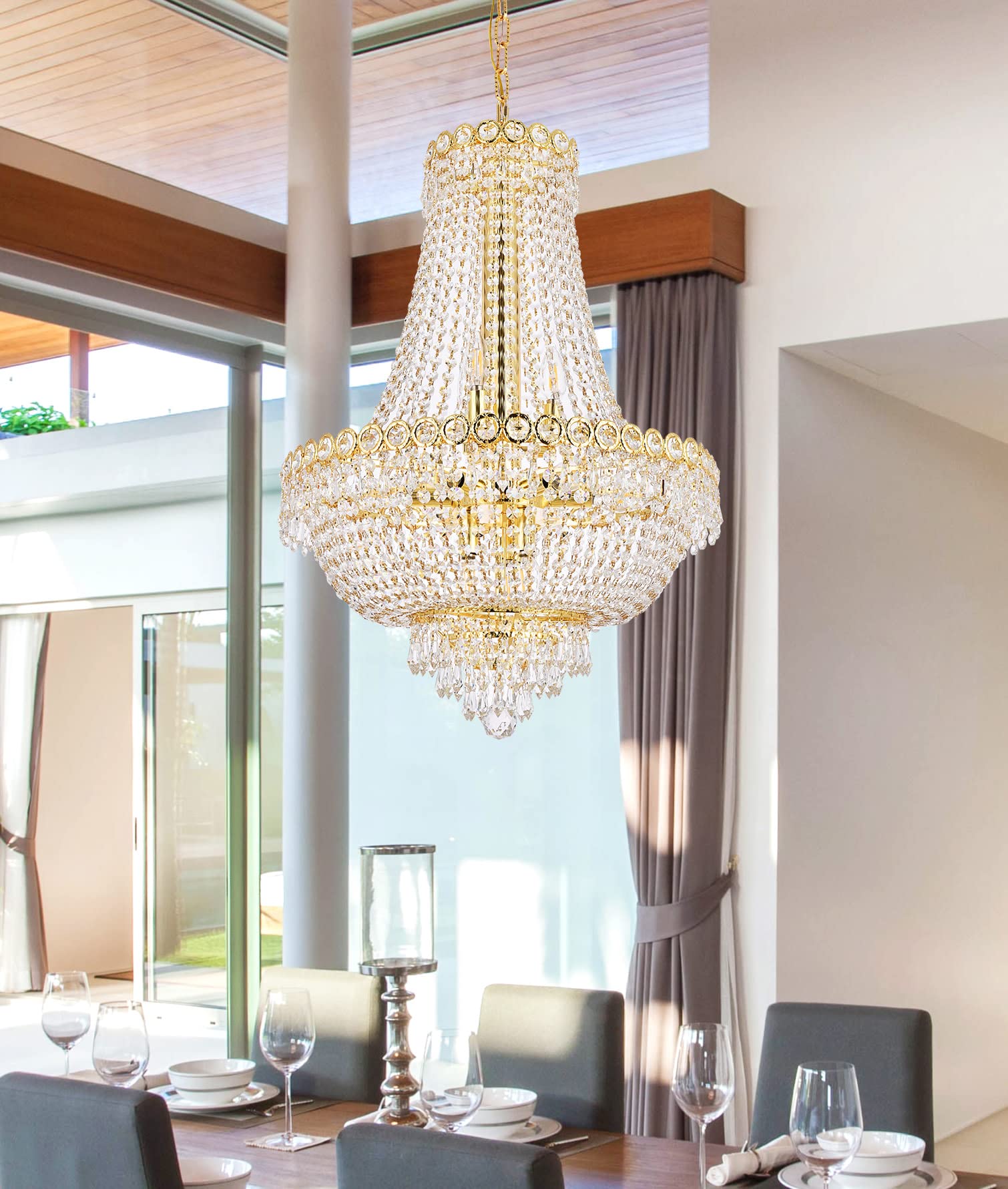 Elegant Lighting 1900D20G/RC 12-Light Crystal Chandelier, Gold Finish, 20in x 26in, Clear Crystal, Two-Tier Design