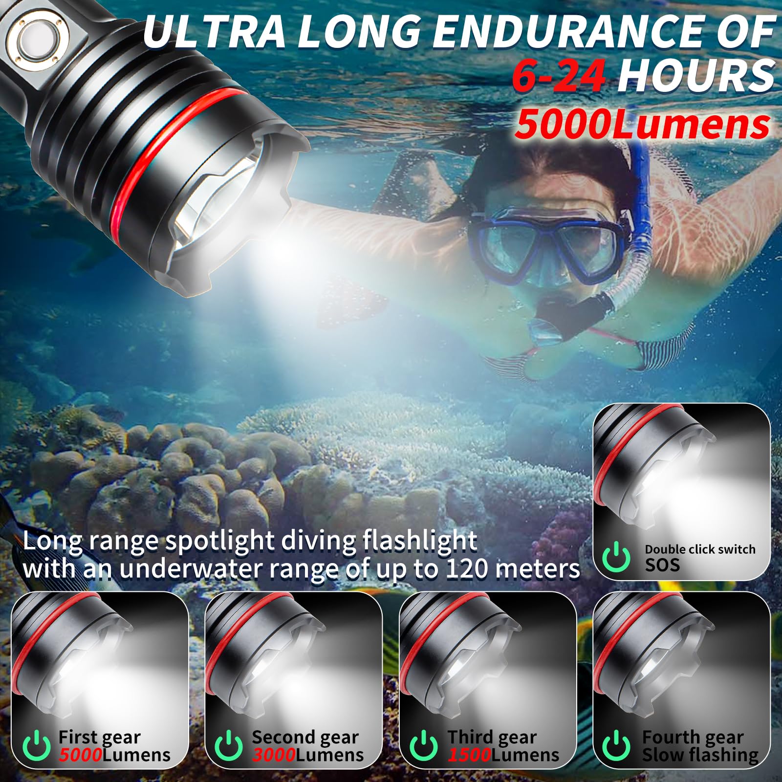 LetonPower Diving Flashlight, SM-26S, 5000 Lumens, 100m Waterproof, Aluminum, Standard Size, Type-C Charging
