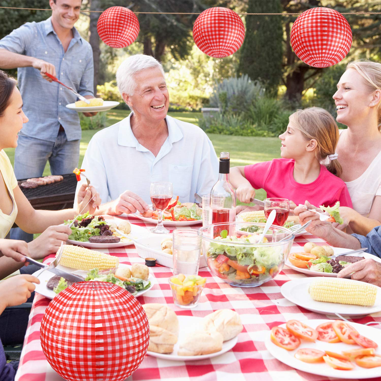 Blulu Picnic Party Decorations Red Paper Lanterns Checkered Round Hanging Lanterns For I Do Bbq Pizza Decorations Red And White
