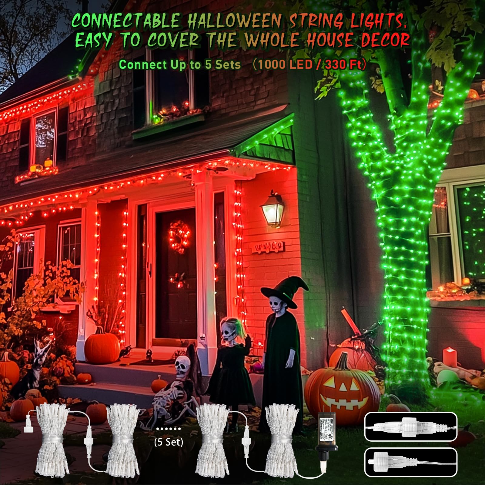 Jmexsuss 200 Led Christmas String Lights For Halloween Decor, Red & Green Christmas Lights Clear Wire, 11 Modes Connectable Twin