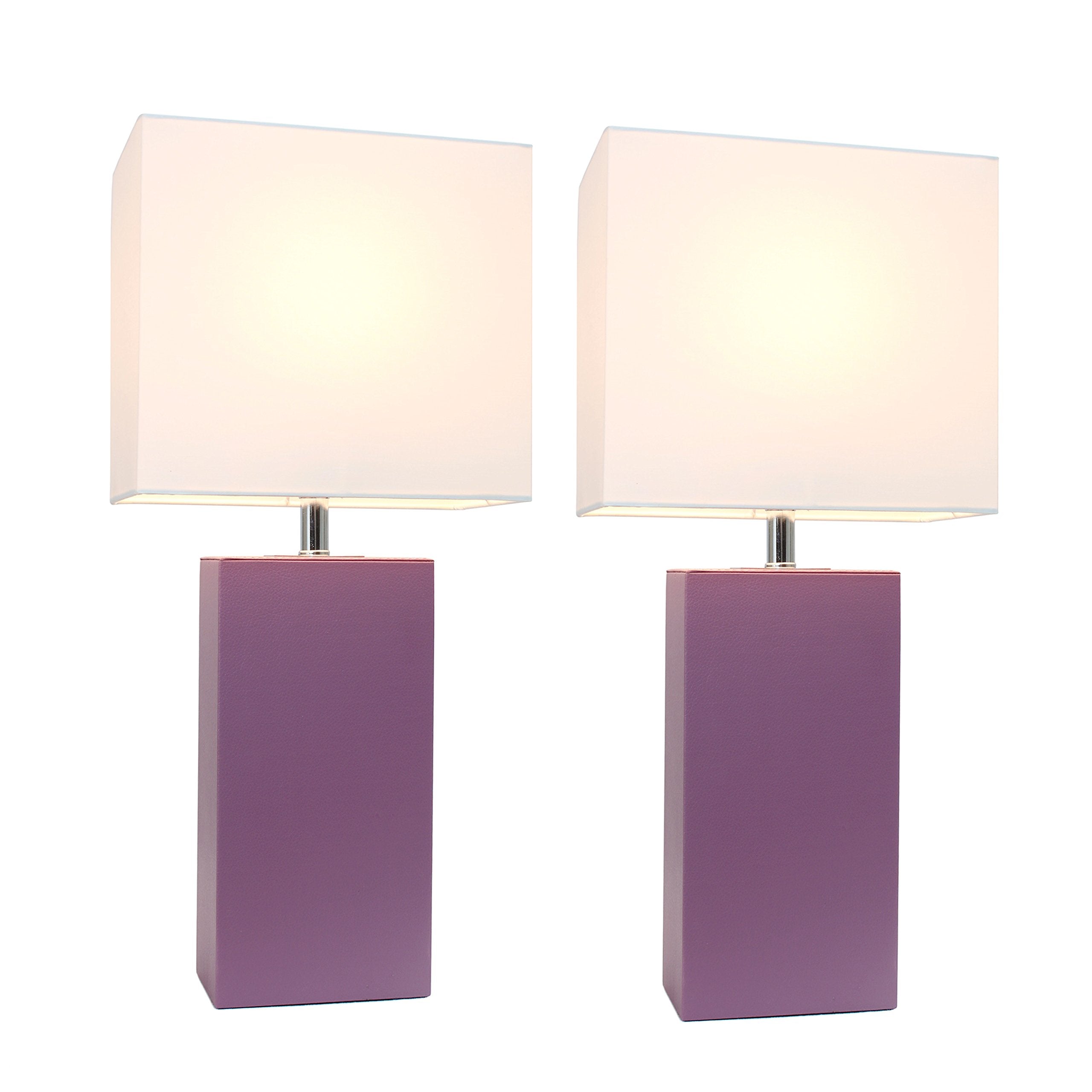 Elegant Designs Lc2000-PRP-2PK 2 Pack Modern Leather Table Lamps with White Fabric Shades Purple