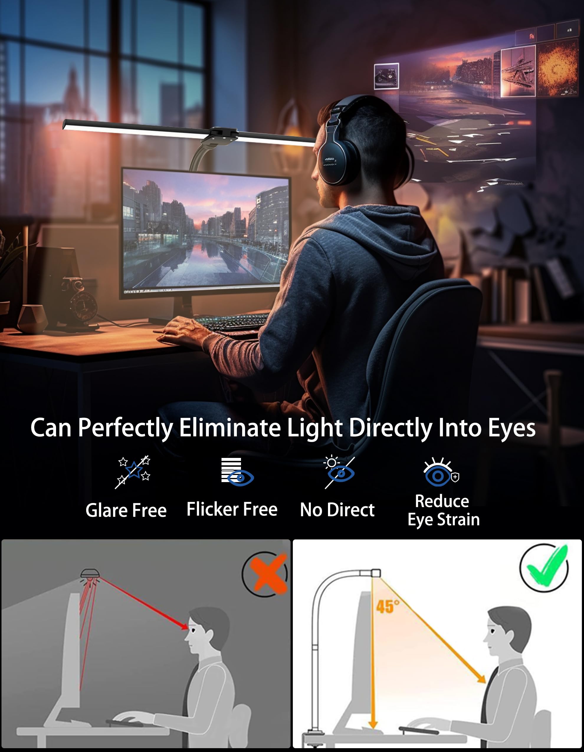 LED Desk Lamp for Home Office, Double Head Flexible Gooseneck with Clamp & Base, 24W High Brightness Eye-Car ing, 25 Modes & Rem