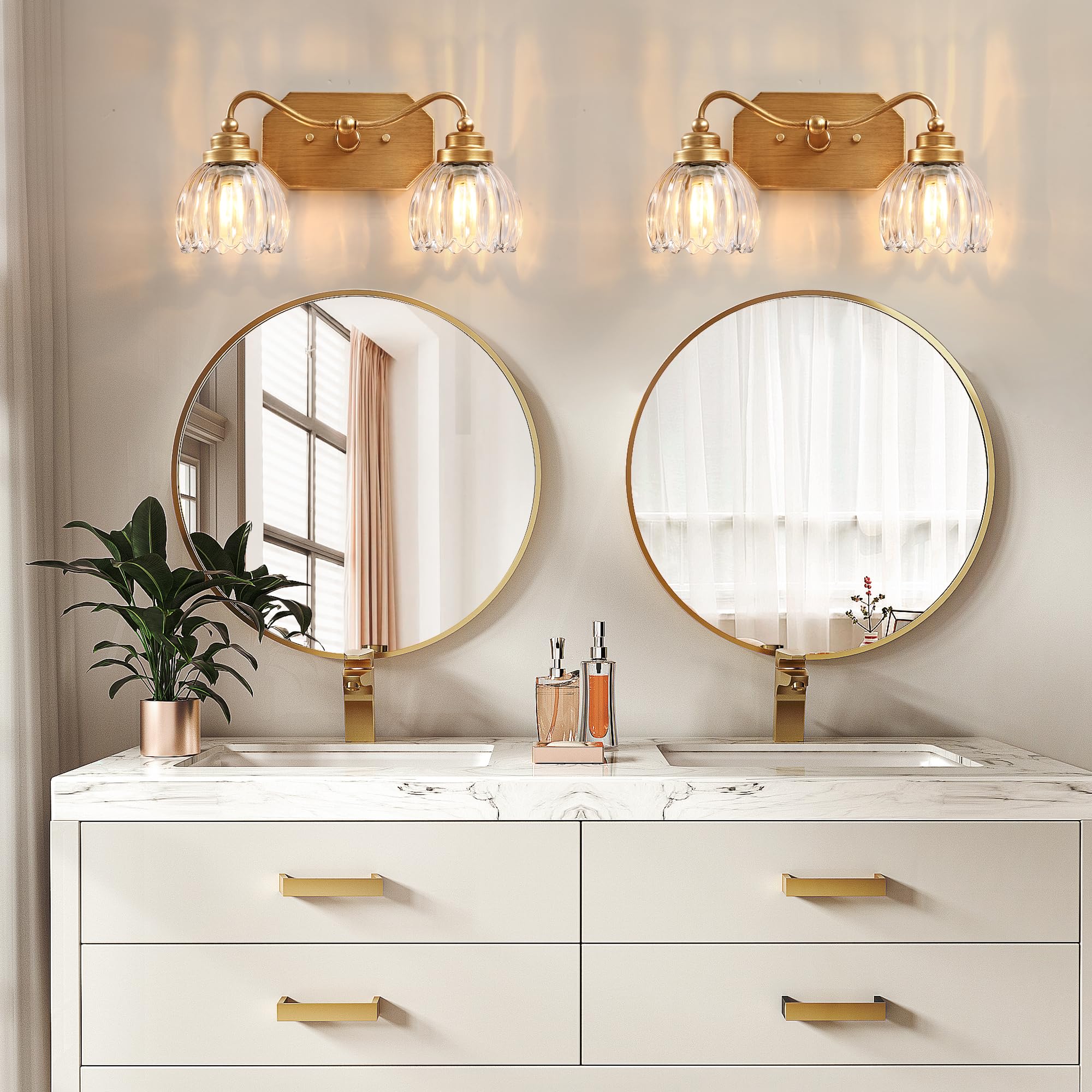 Cmnvmn Vintage Bathroom Light Fixtures  2 Light Gold Bathroom Vanity Light  Matte Antique Brass Finish With Crystal Glass Shade  Wall Sconces Lighting For Bedroom  Living Room  Hallway