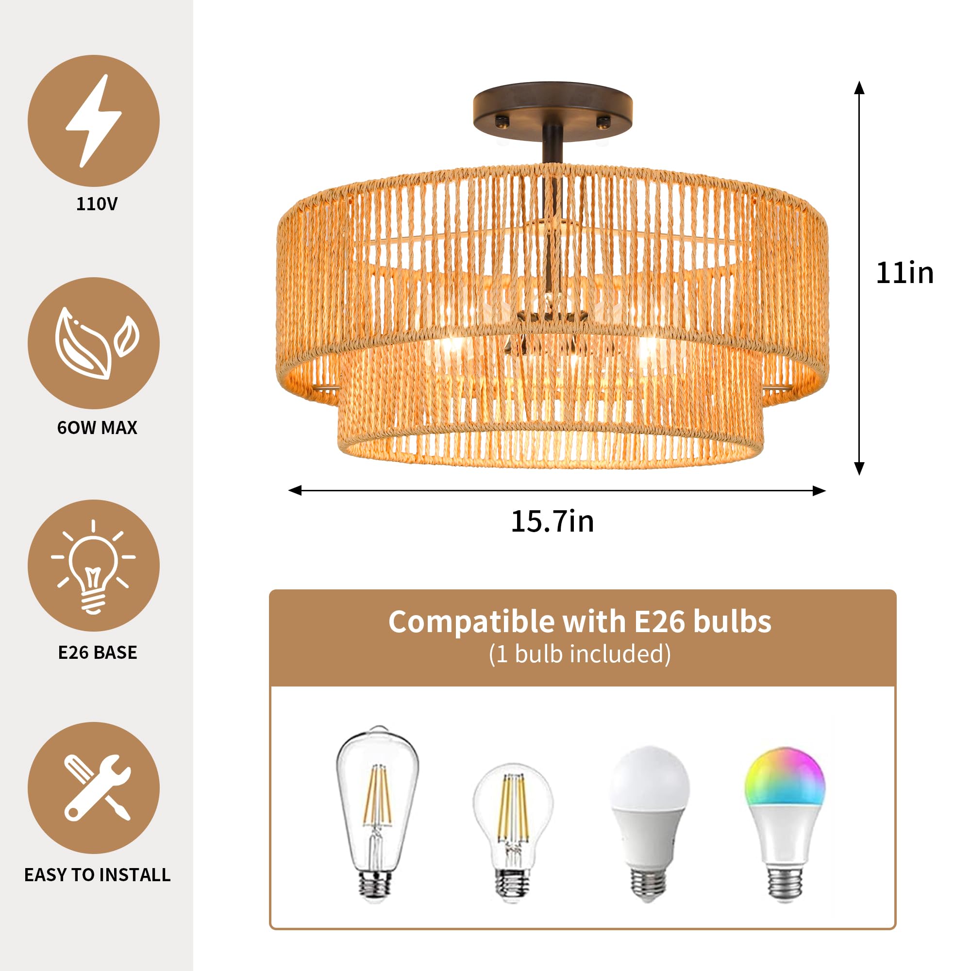 Zecoxol Rattan Ceiling Light Fixture Boho Flush Mount Ceiling Light Wicker Boho Light Fixtures Ceiling Mount For Hallway Bedroom