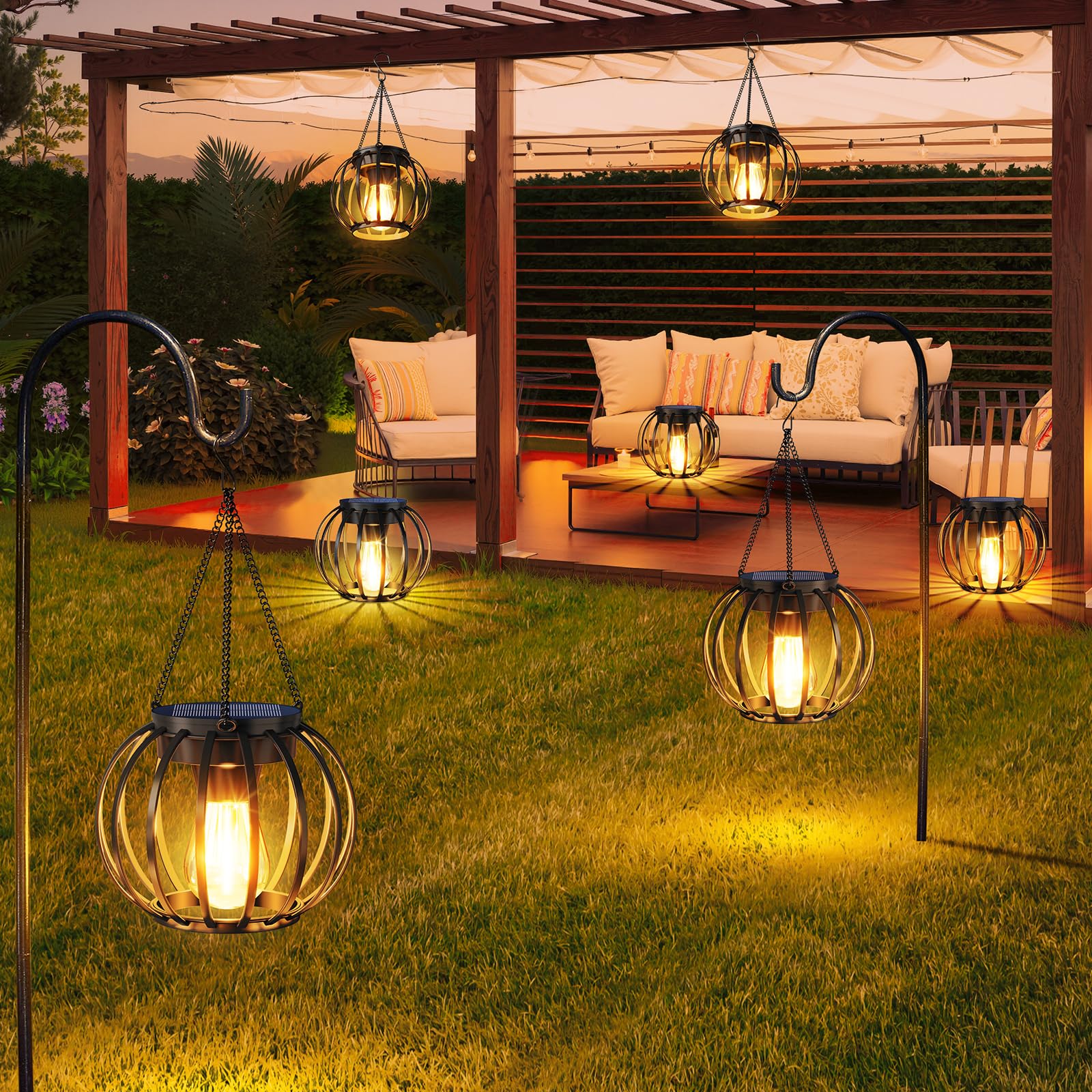Aounq Solar Lanterns Outdoor Waterproof 4 Pack  Upgraded Metal Hanging Solar Lights For Outside With Auto On/Off & Hook - Brighter Hanging Outdoor Lanterns Decorative Lighting For Garden Patio Yard