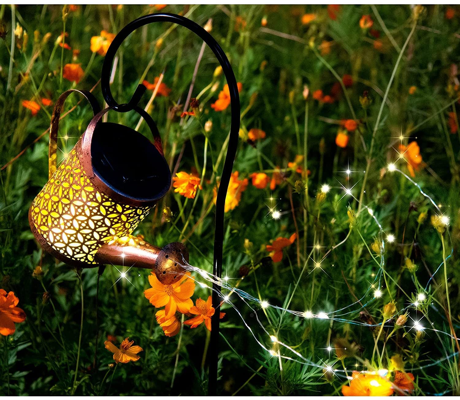 HUYIENO Solar Garden Lights - 2 Pack Hanging Lanterns, Metal Watering Can Design, Warm LEDs, Shepherd Hook for Patio and Yard