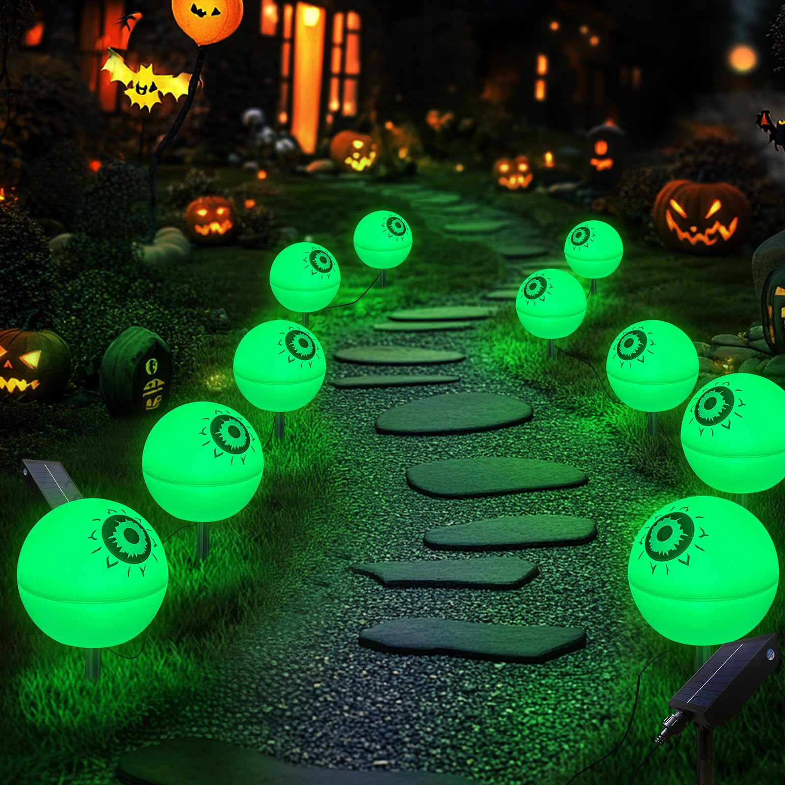 Outdoor Solar Lights Waterproof Decorations, 5 Pack Solar Globe Lights For Garden Decorations, Outside Ghost Solar Scary Eyeball Pathway Lights Decor For Christmas Tree Garden Lawn Yard (Green&Red)
