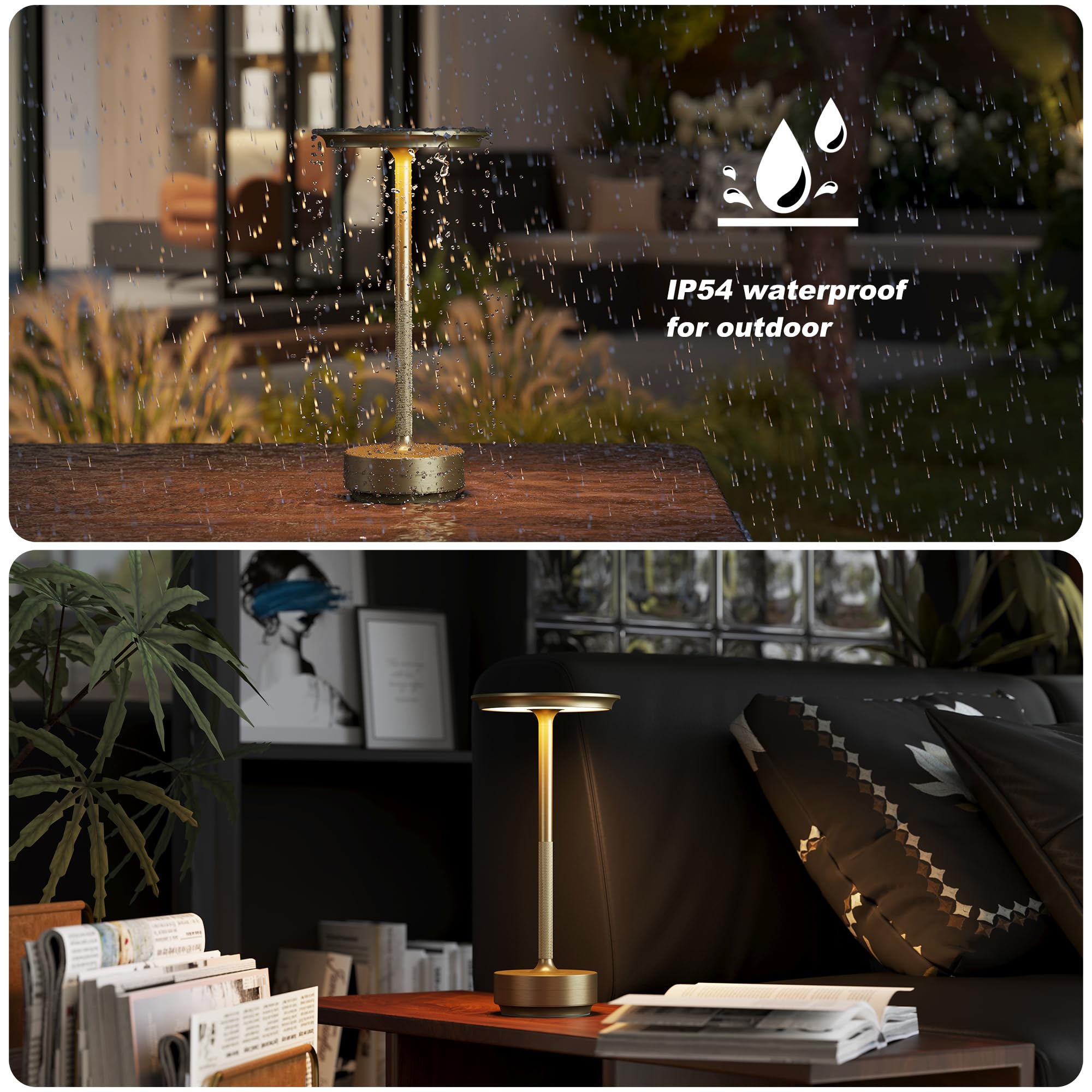 TBBGA Cordless Table Lamp, 5000mAh Battery, 3 Color Dimming, Aluminum, Gold, Model Q006