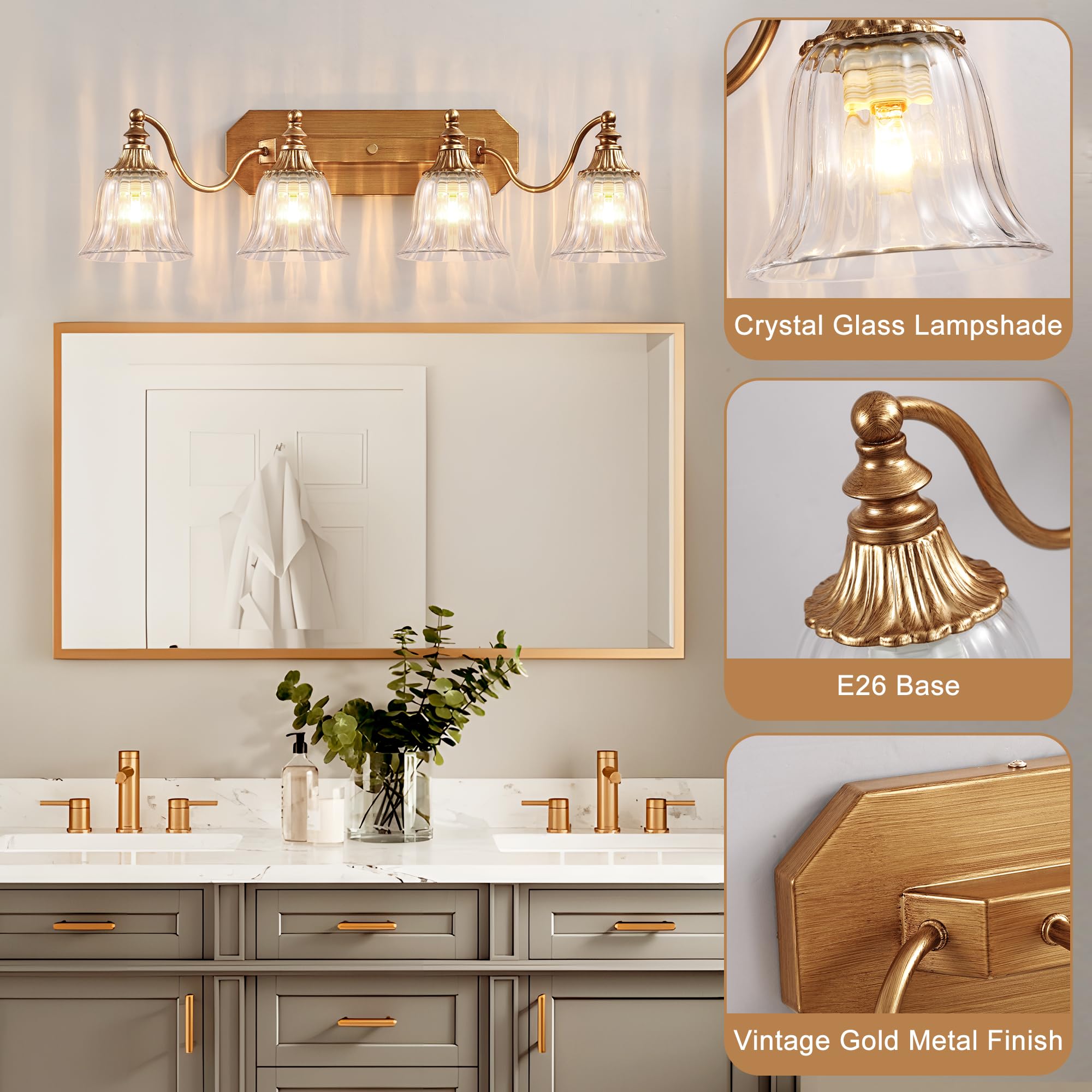 DvmTeom 4-Light Gold Vintage Bathroom Vanity Light Fixture, Antique Brushed Gold with Crystal Glass Shade, Model D6001