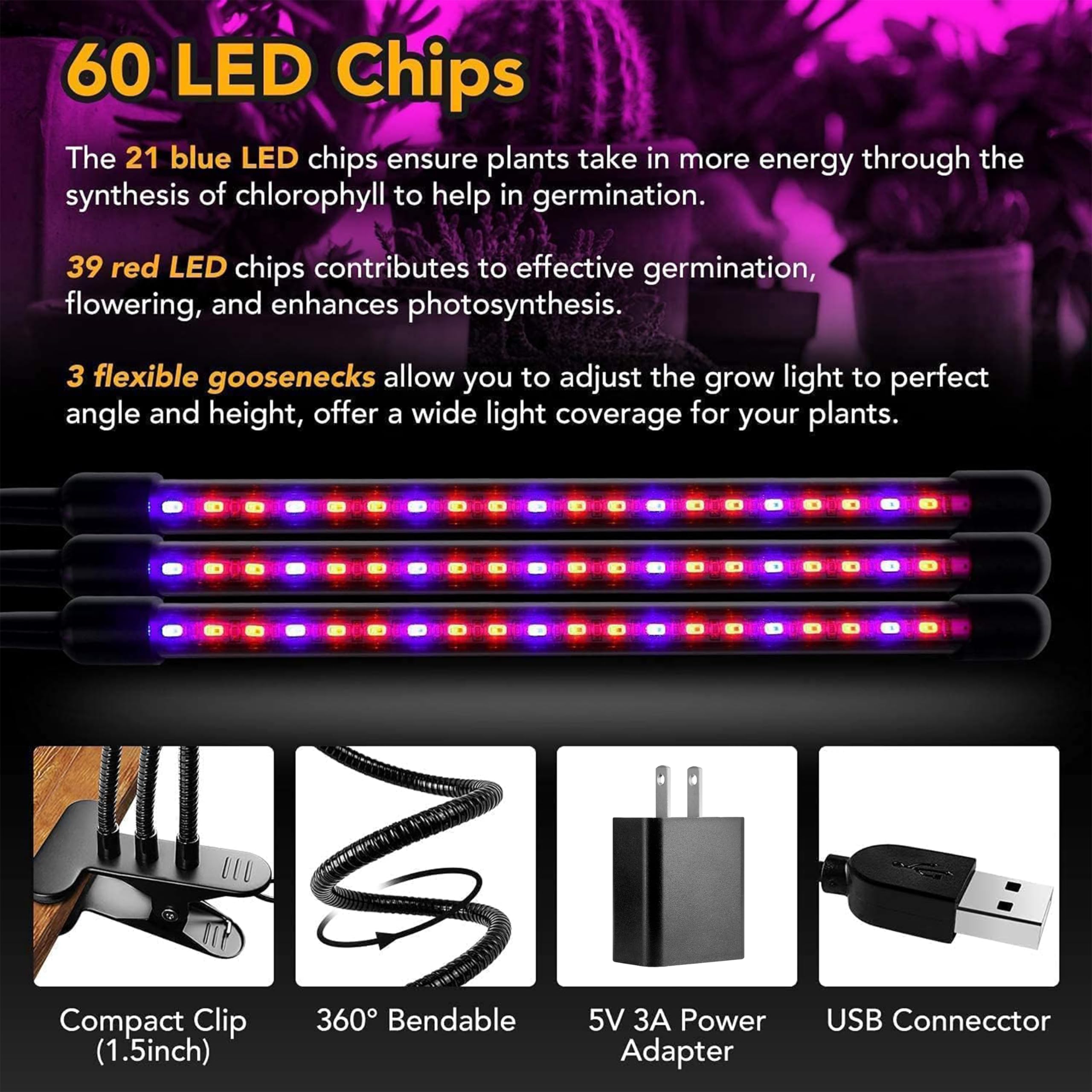 iPower 60 LED Grow Light, Full Spectrum, 3 Light Modes, 10 Dimmable Levels, Adjustable Gooseneck, Red & Blue, 3 Light Tubes