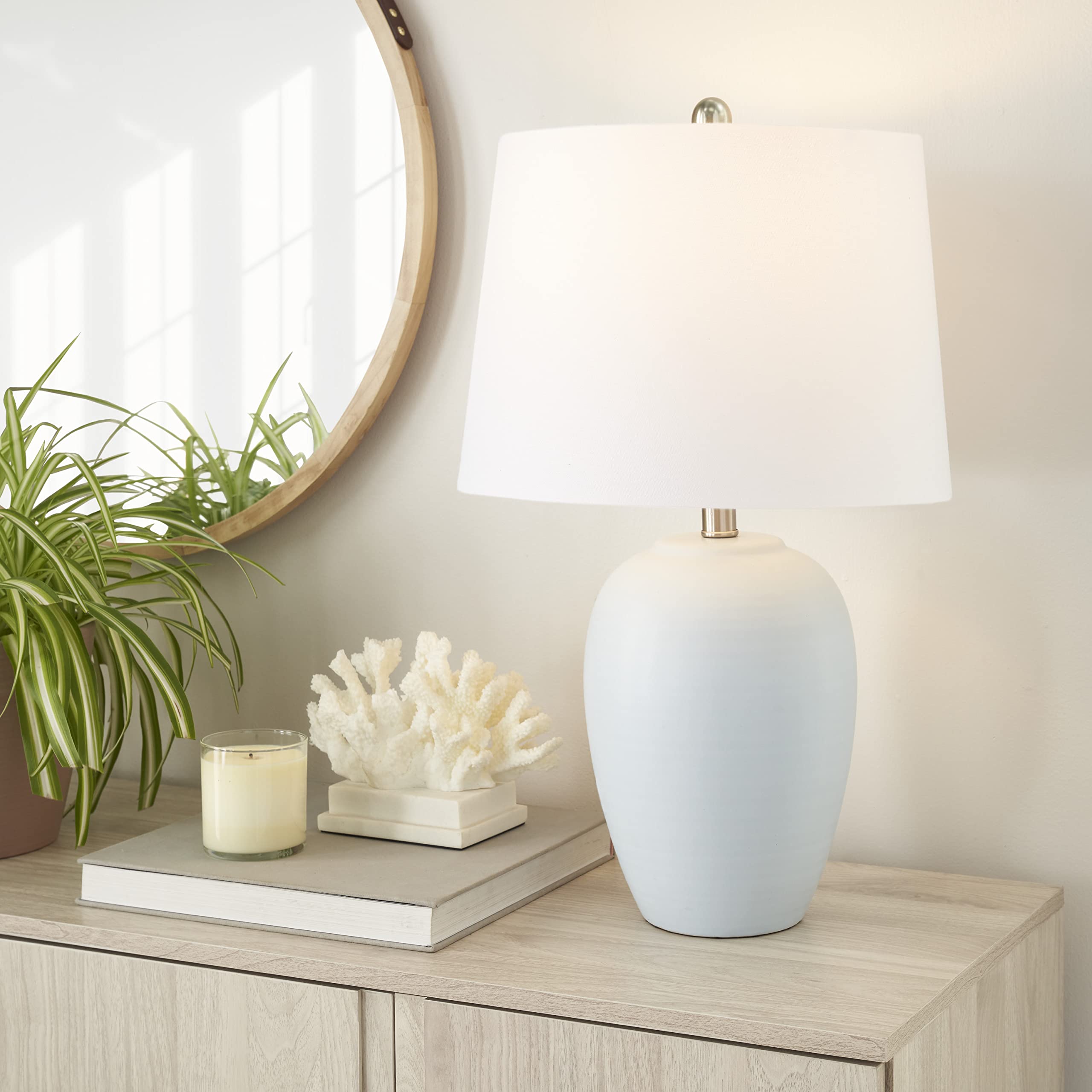 Nourison 23'' Coastal Blue Ceramic Pot Table Lamp For Bedroom, Living Room, Dining Room, Entryway, With White Shade, Set Of 2 La