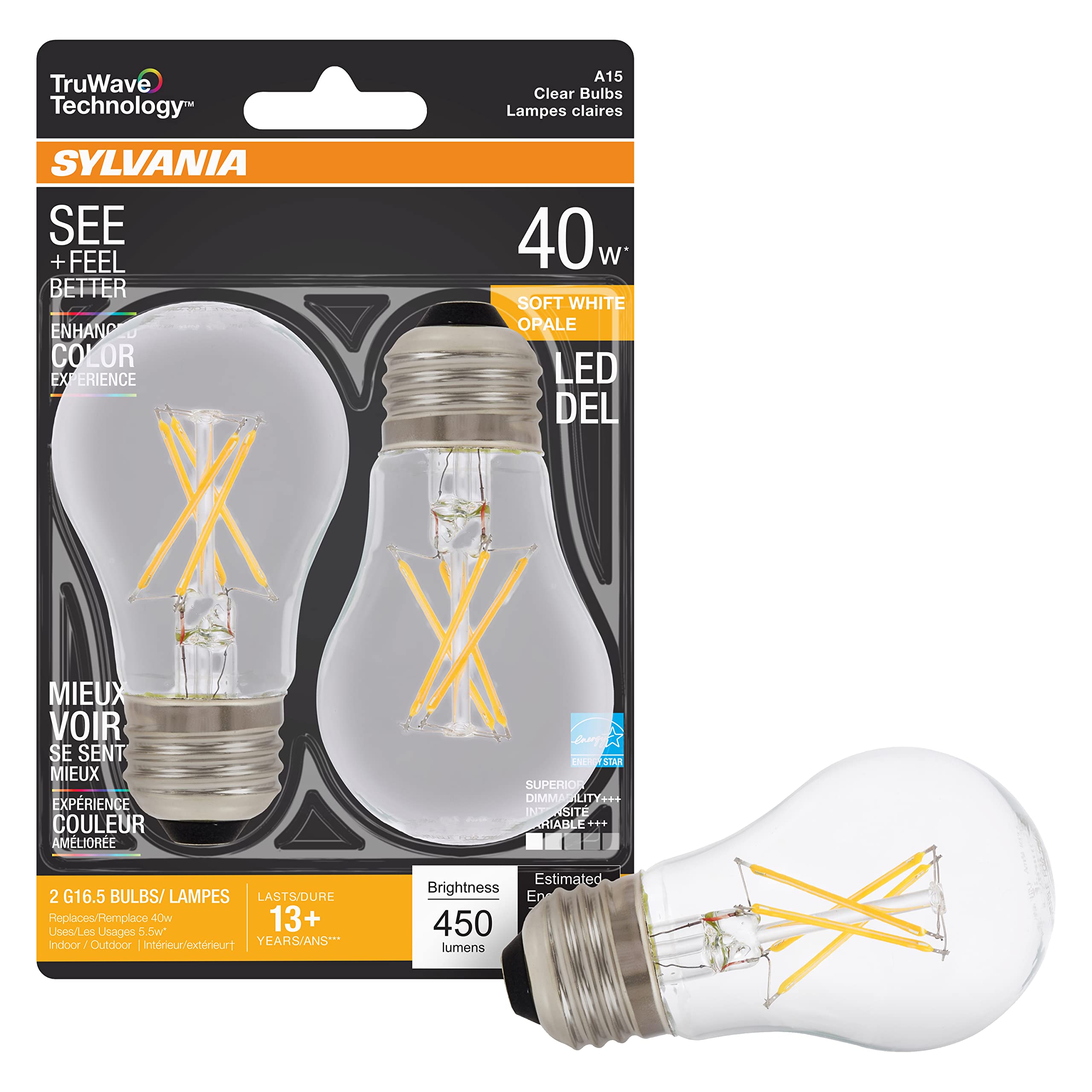 LEDVANCE SYLVANIA LED Ceiling Fan Bulb, 40W A15, Dimmable, Soft White, Glass, 2 Pack, Model 40761