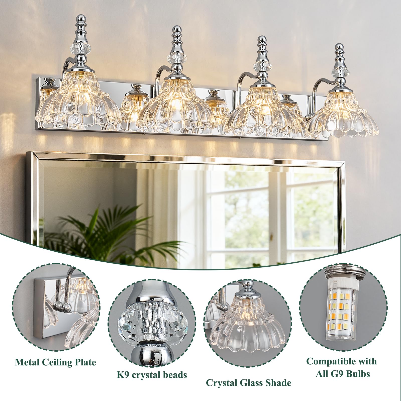 Lbsqj Vintage Bathroom Vanity Light  4-Light Chrome Vanity Lighting Fixture With Flower Glass Shade  Bathroom Lighting Fixtures Over Mirror
