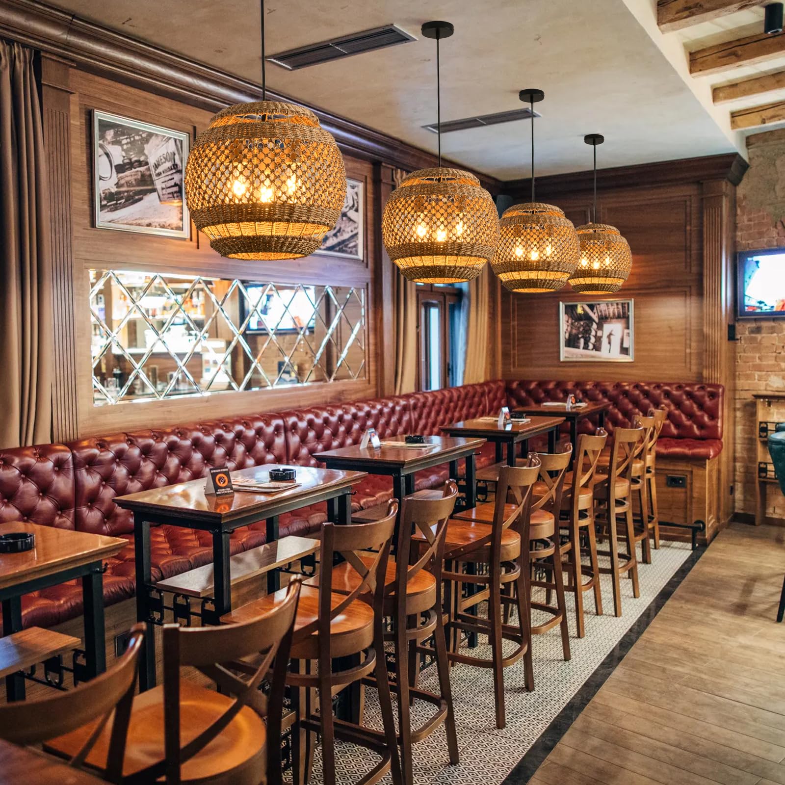 Teru Ji Kaikang 15.75'' Rattan Pendant Light 3-Light Boho Seagrass Hanging Light Hand Woven Water Plants Rattan Chandelier For D