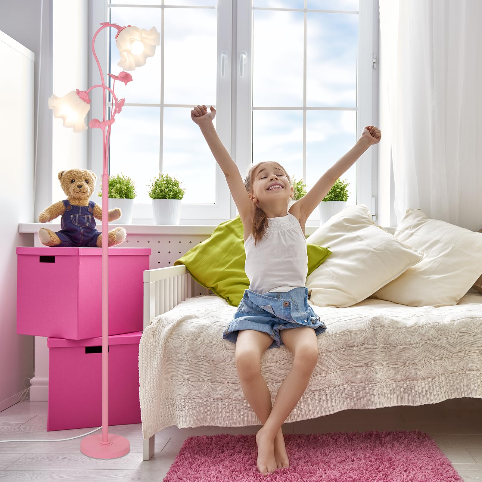 HMVPL Pink Flower Floor Lamp, Modern 2 LED 5W Standing Lamp with Foot Switch, Acrylic Shade, Stylish Decor for Living Room & Bedroom
